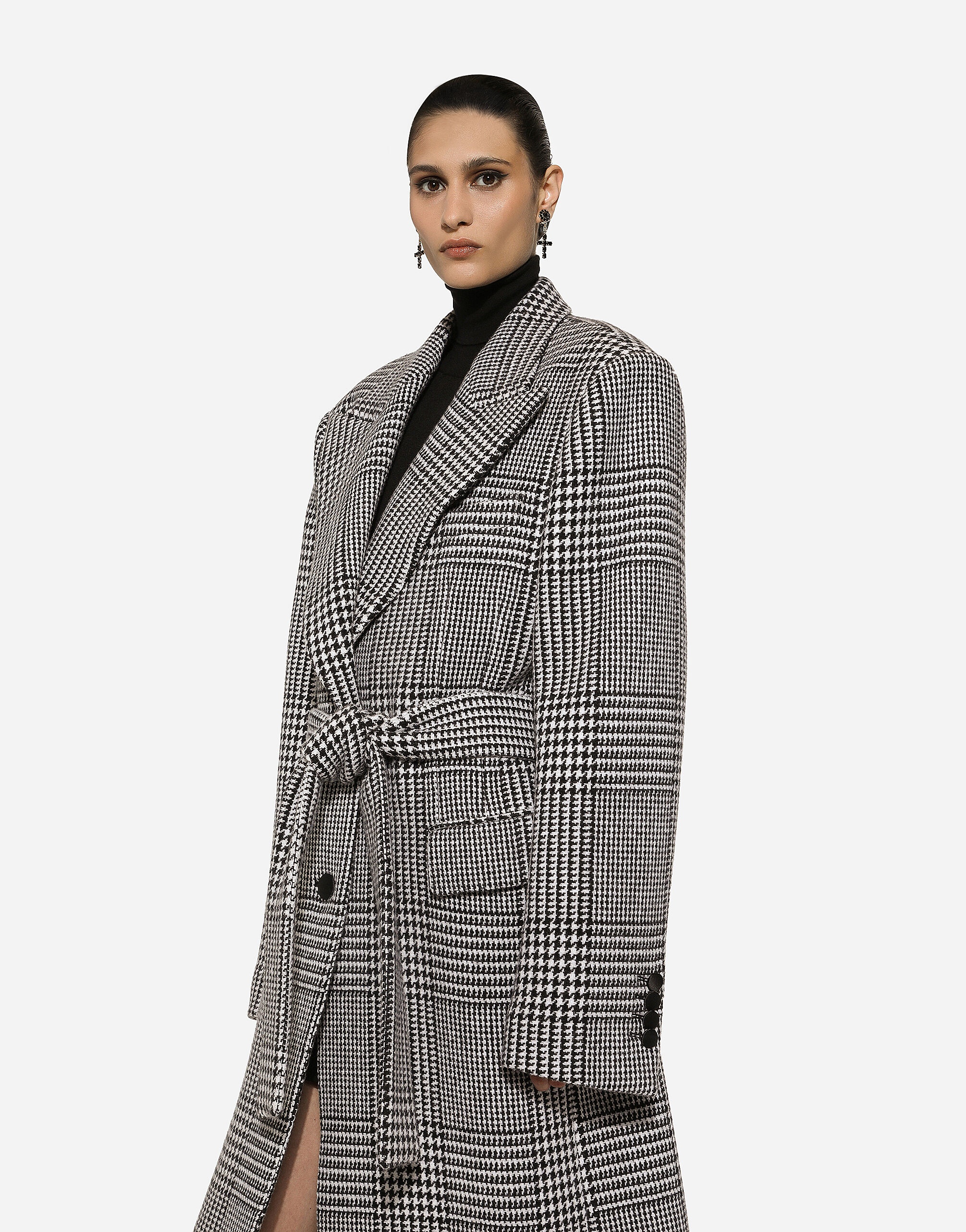 Single-breasted houndstooth check coat with belt - 6
