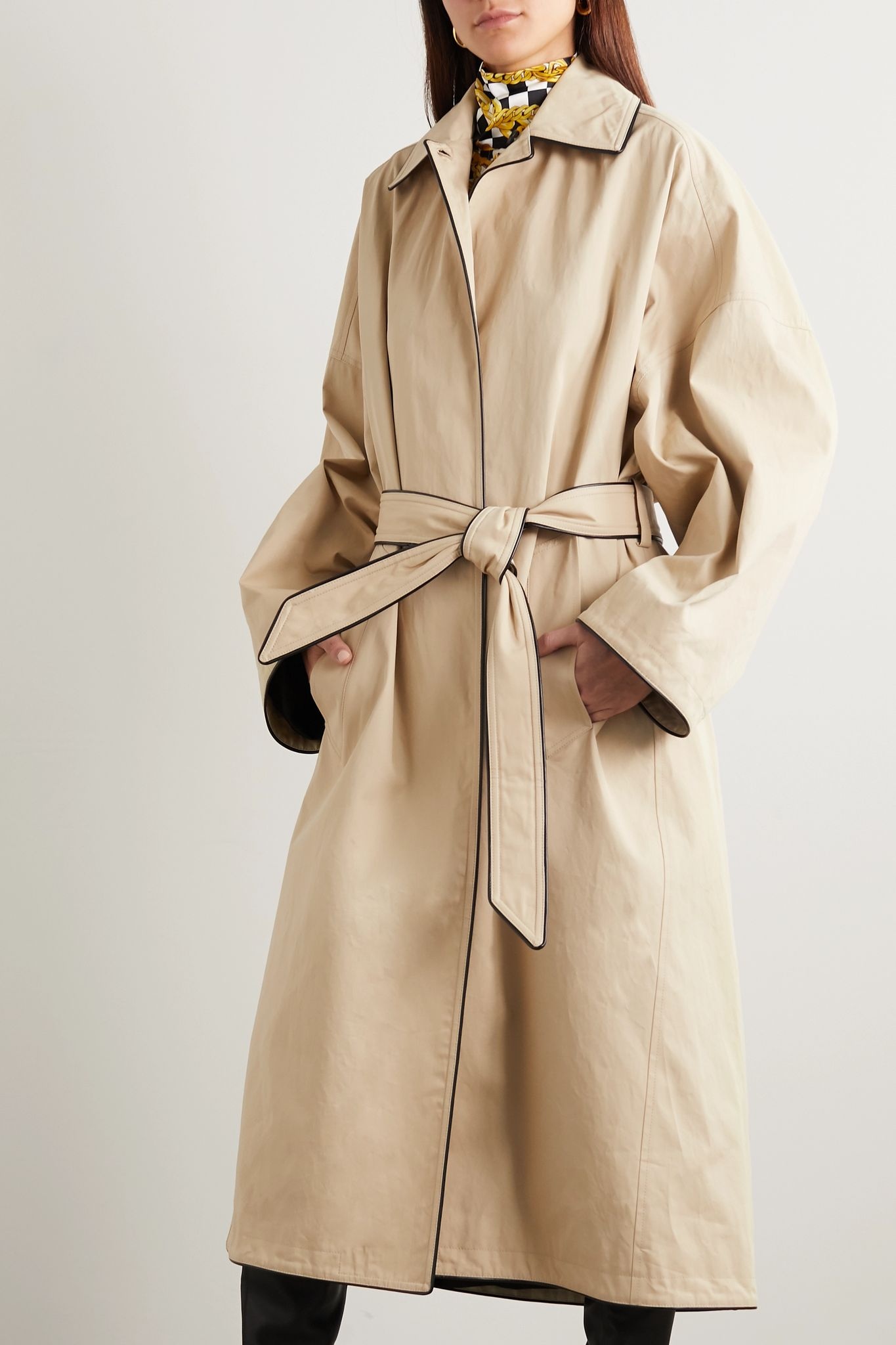 Faux leather-trimmed cotton-gabardine trench coat - 3