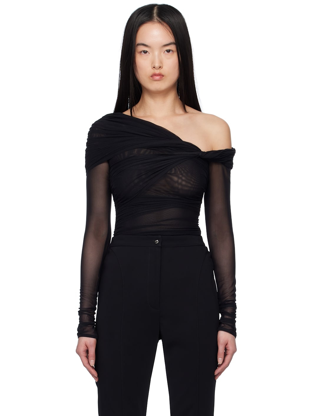 Black Off-Shoulder Ruched Bodysuit - 1