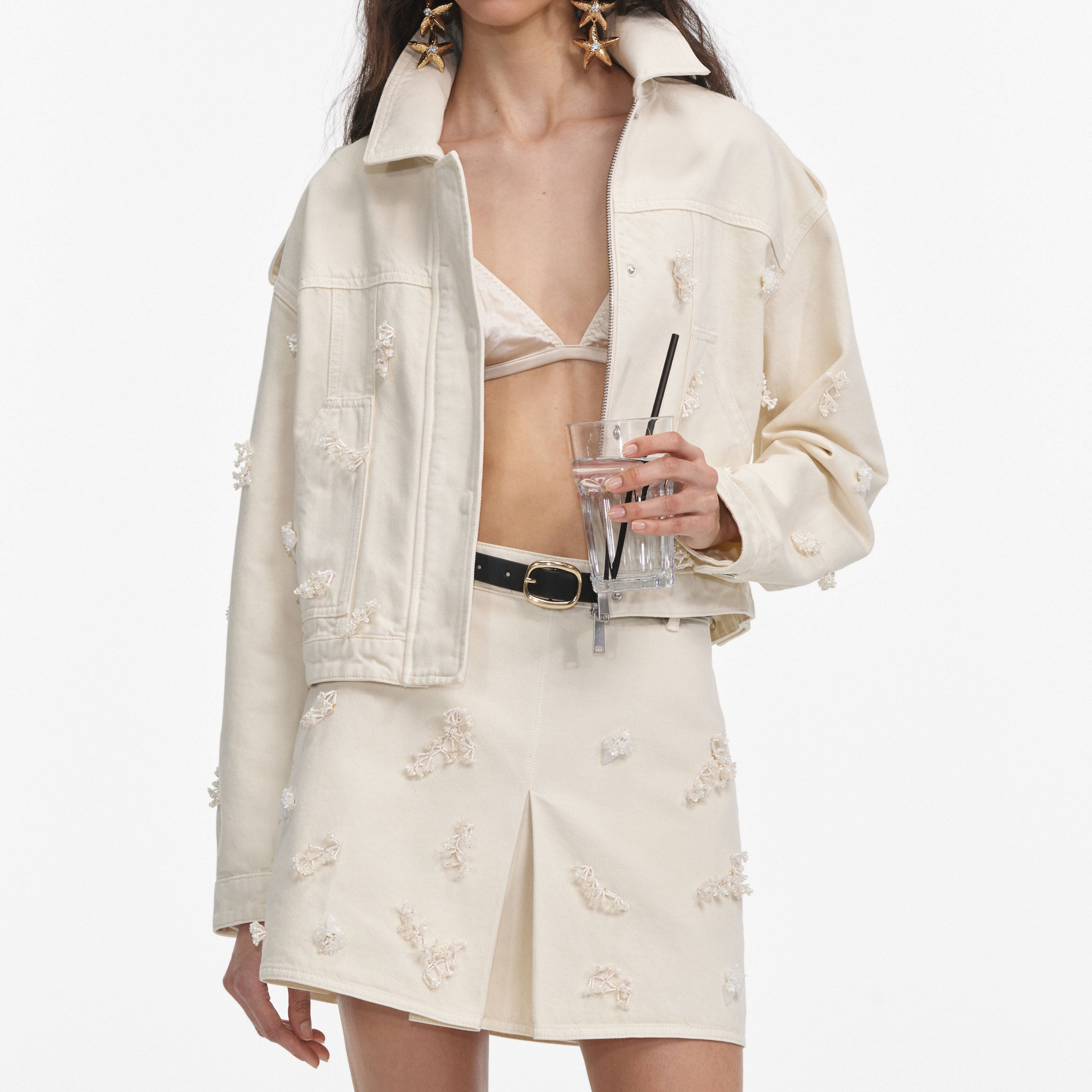 Cream Denim Beaded Floral Jacket - 4