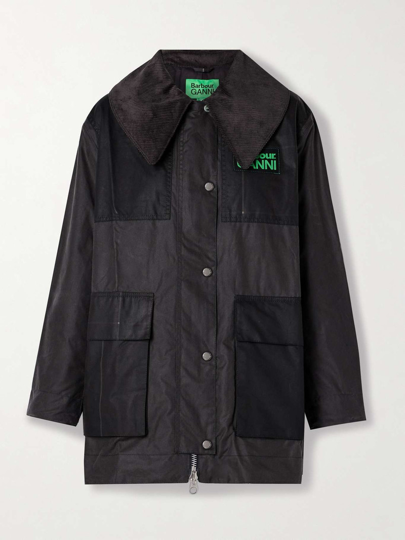 + GANNI corduroy-trimmed paneled checked waxed-organic cotton jacket 1