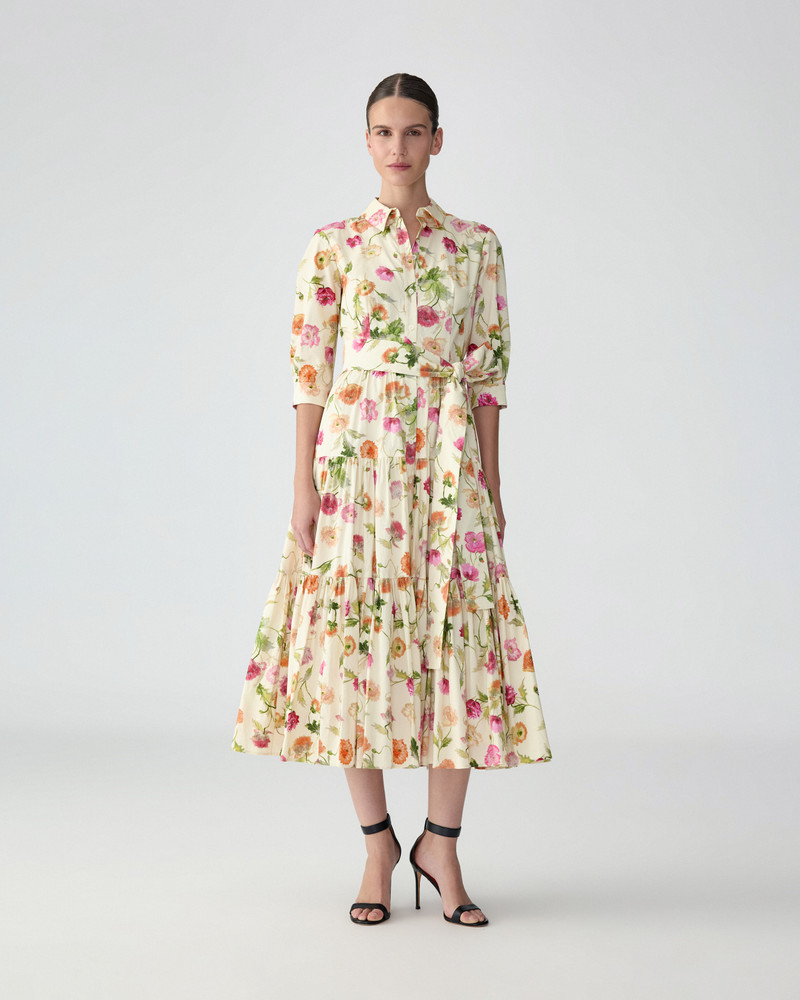CAROLINA HERRERA Poppy-Print Tiered Midi Shirt Dress outlook