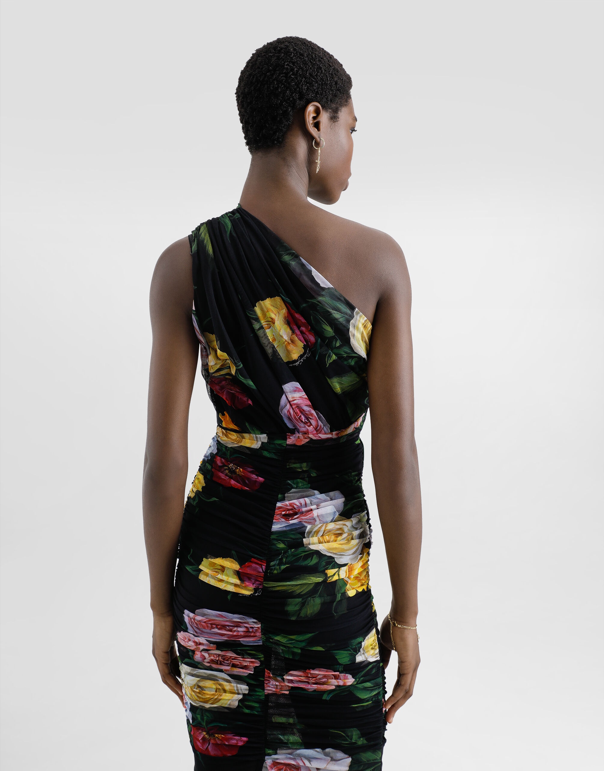 Tulle one-shoulder calf-length dress with peony and rose print - 5