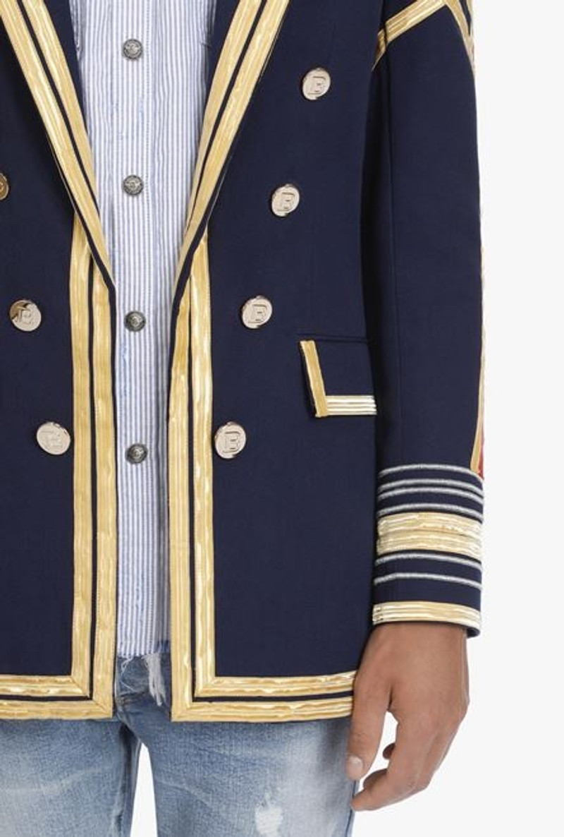 Navy blue embroidered blazer with double-breasted buttoned fastening 6