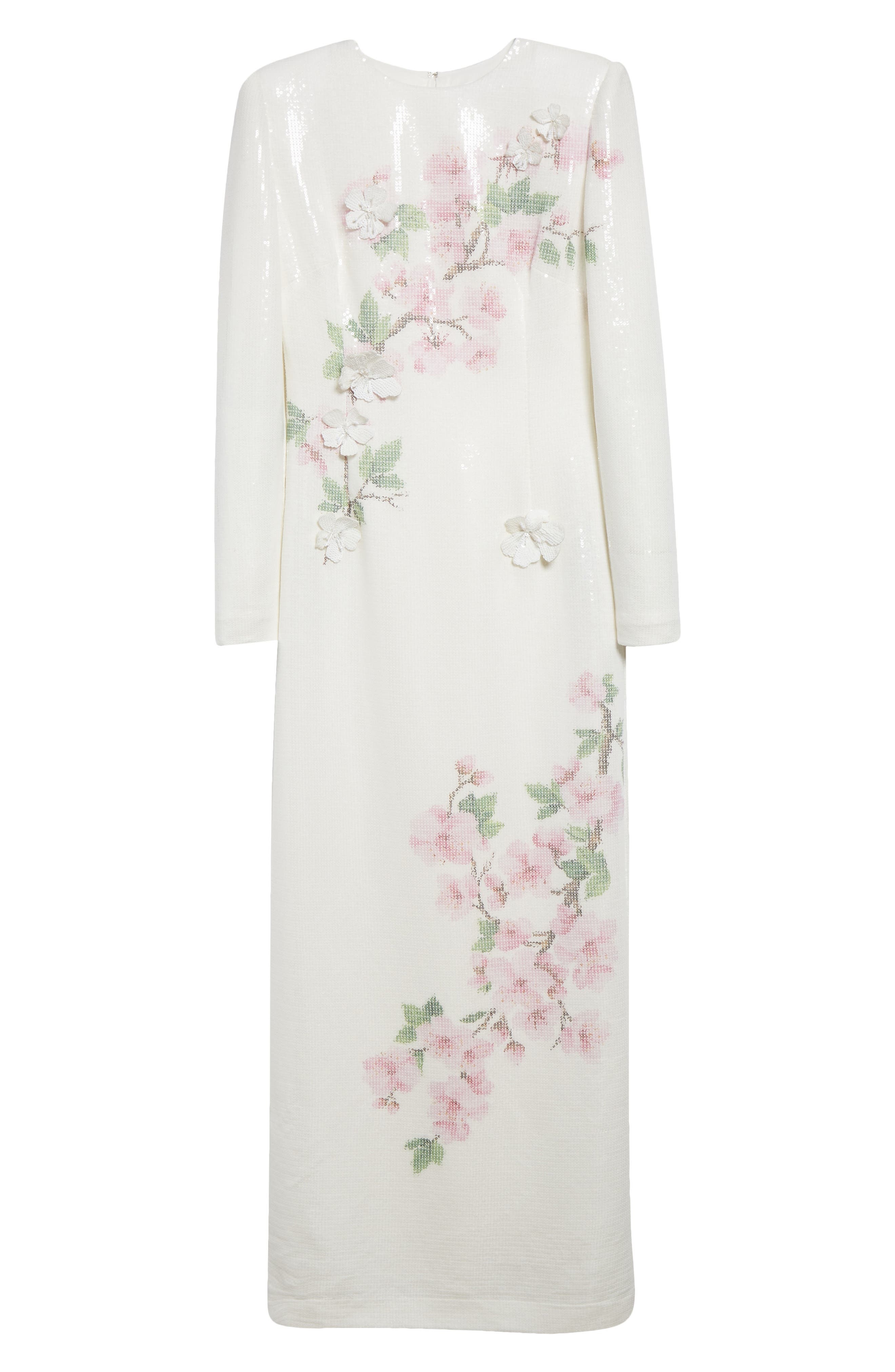 Oscar de la Renta Cherry Blossom Long Sleeve Sequin Jersey Column Gown in Pink/Ivory at Nordstrom - 5
