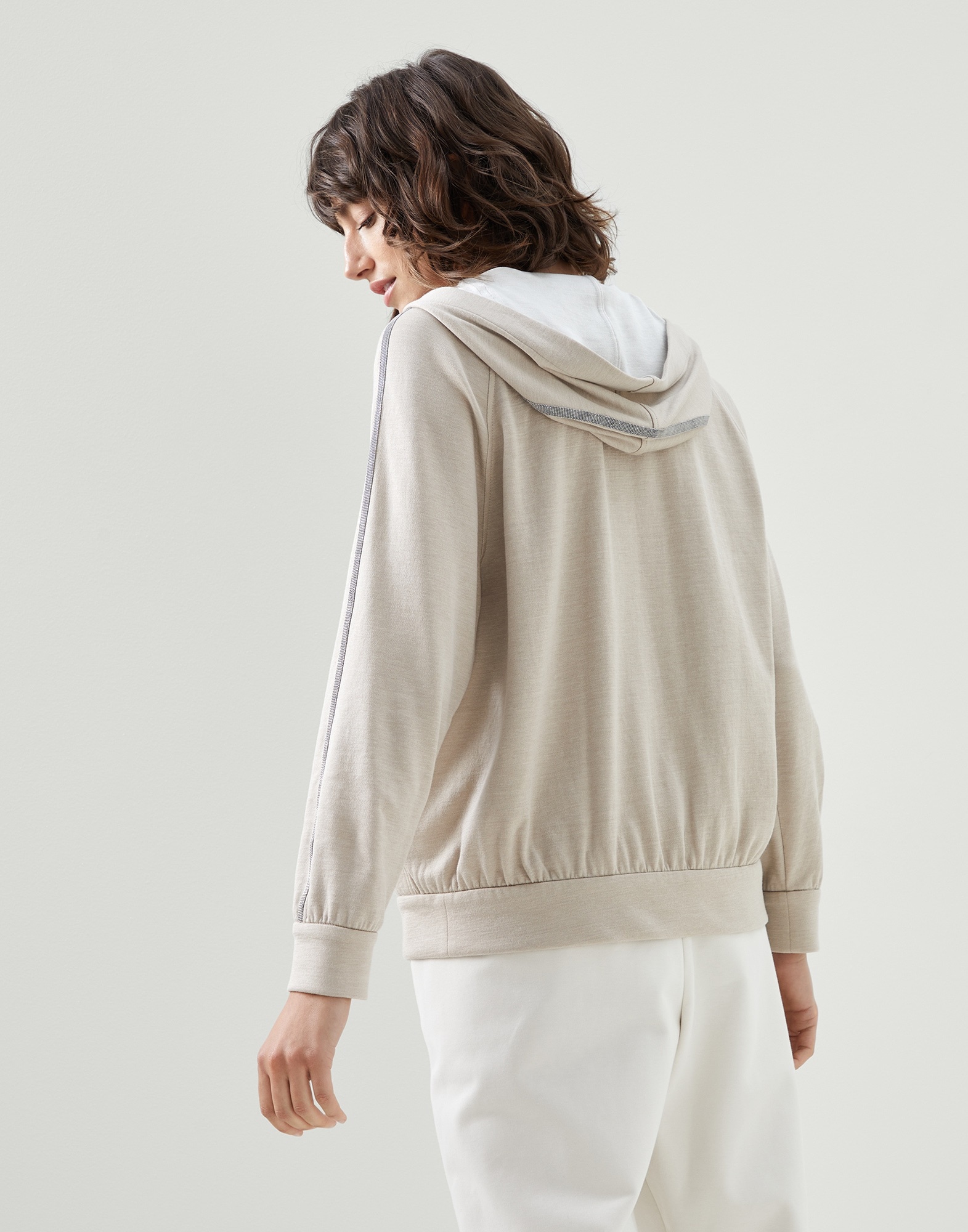 Cotton and silk interlock hooded sweatshirt with precious stripe - 2