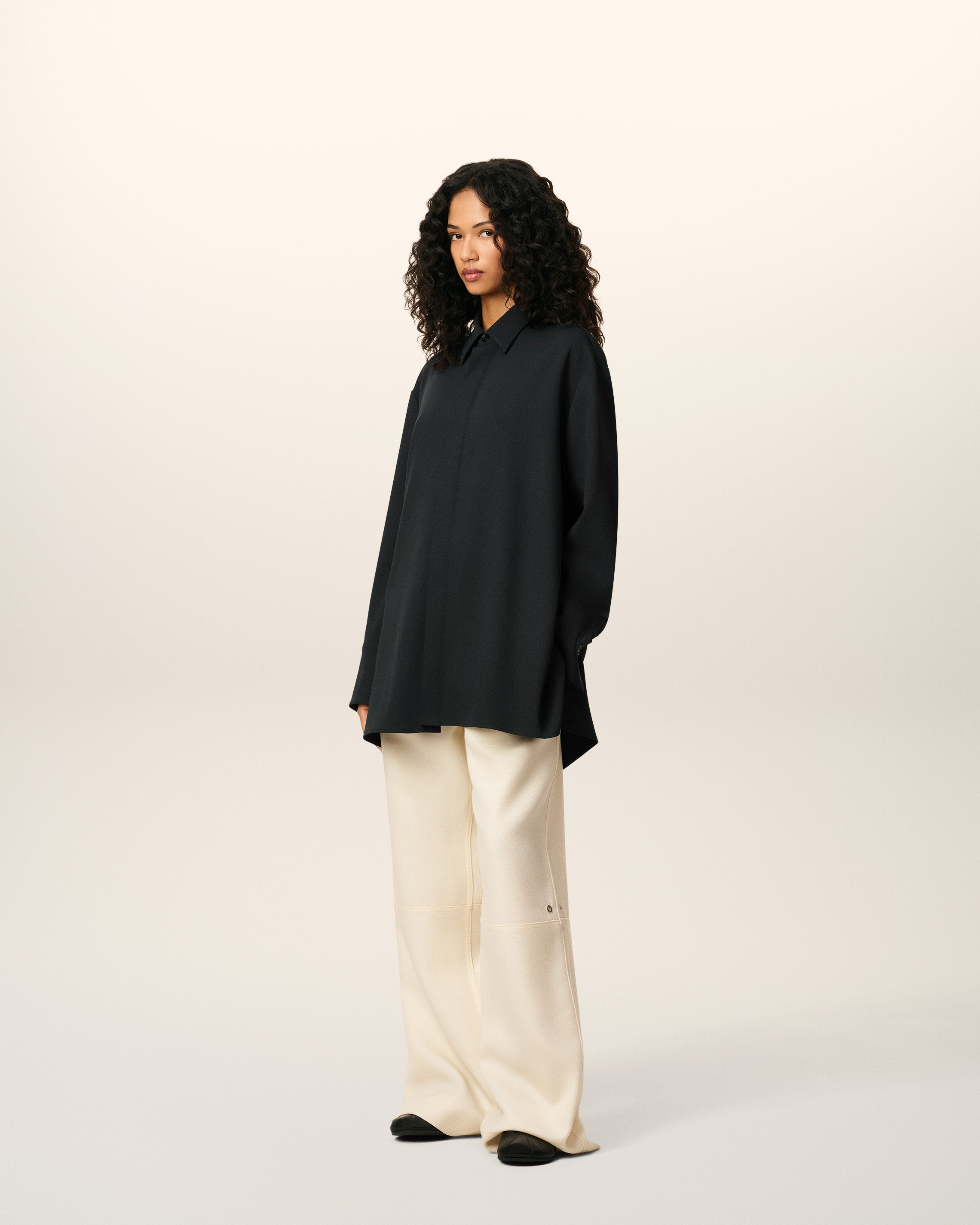 BLACK WOOL LONG OVERSIZED SIDE SLITS SHIRT - 6