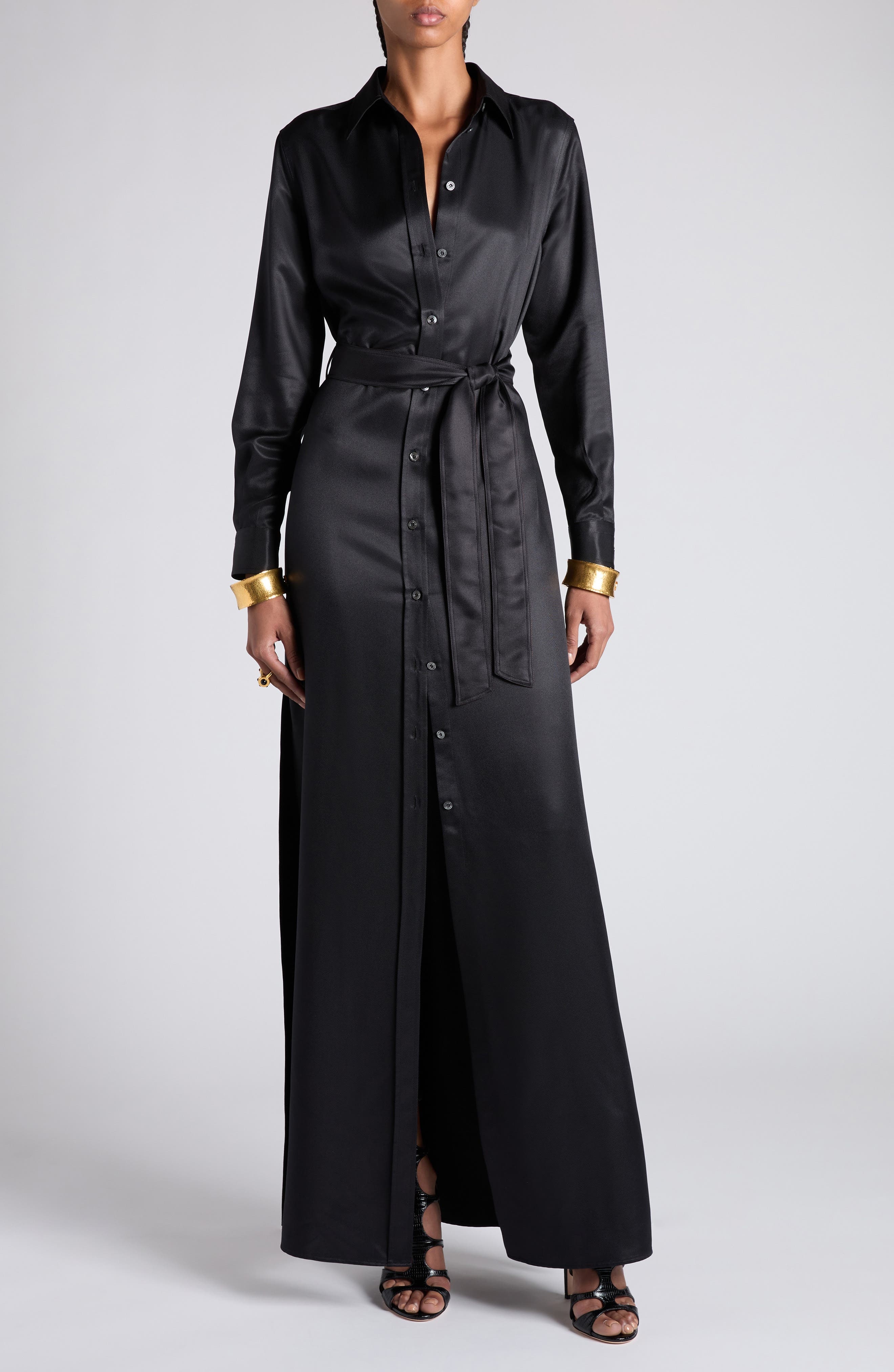 TOM FORD Long Sleeve Silk Twill Belted Shirtdress in Lb999 Black at Nordstrom - 1