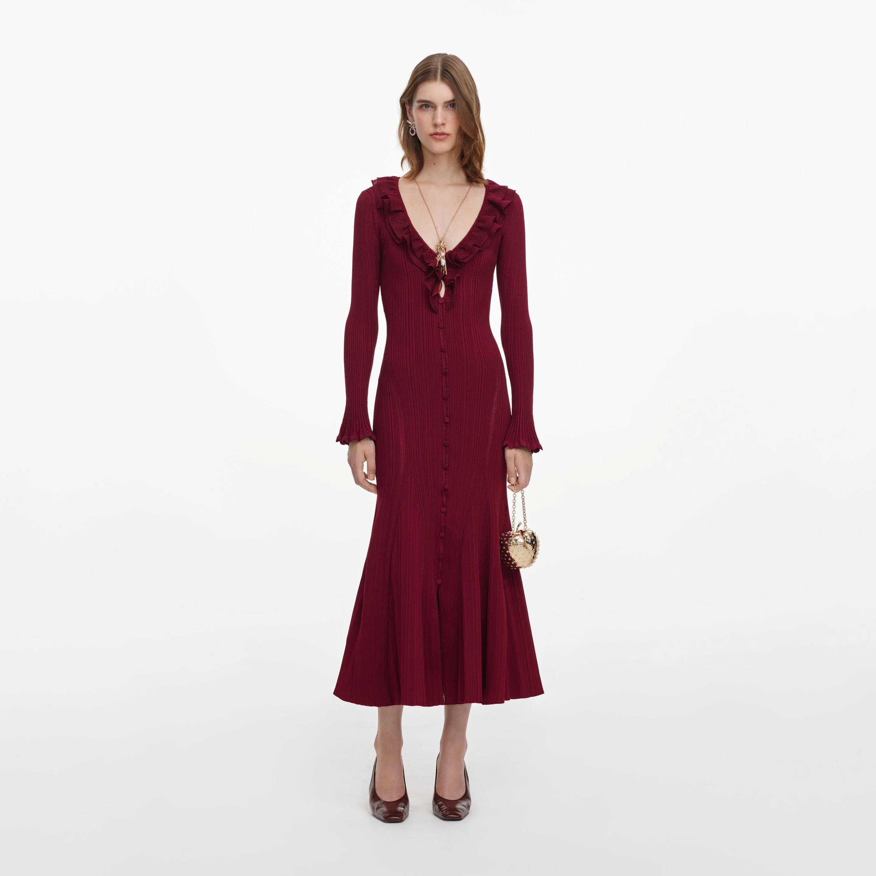 Burgundy Ruffle Knit Midi Dress - 1