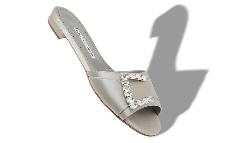 Manolo Blahnik Grey Satin Embellished Flat Sandals outlook