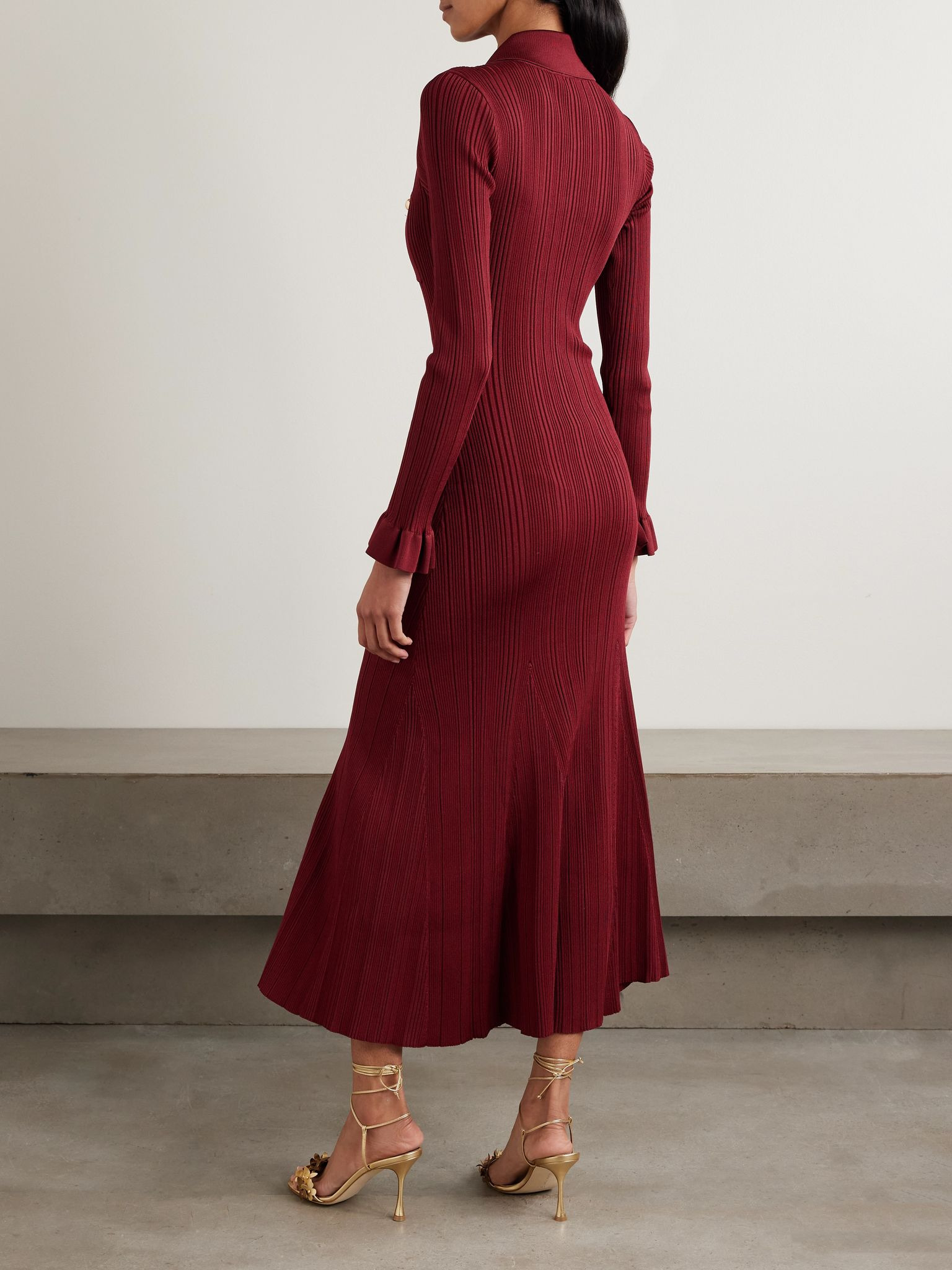 Button-embellished ribbed-knit midi dress Burgundy - 3