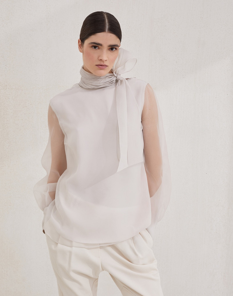 Crispy silk pussybow blouse with monili 1