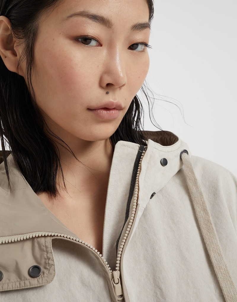 Techno cotton canvas hooded outerwear jacket with monili 3