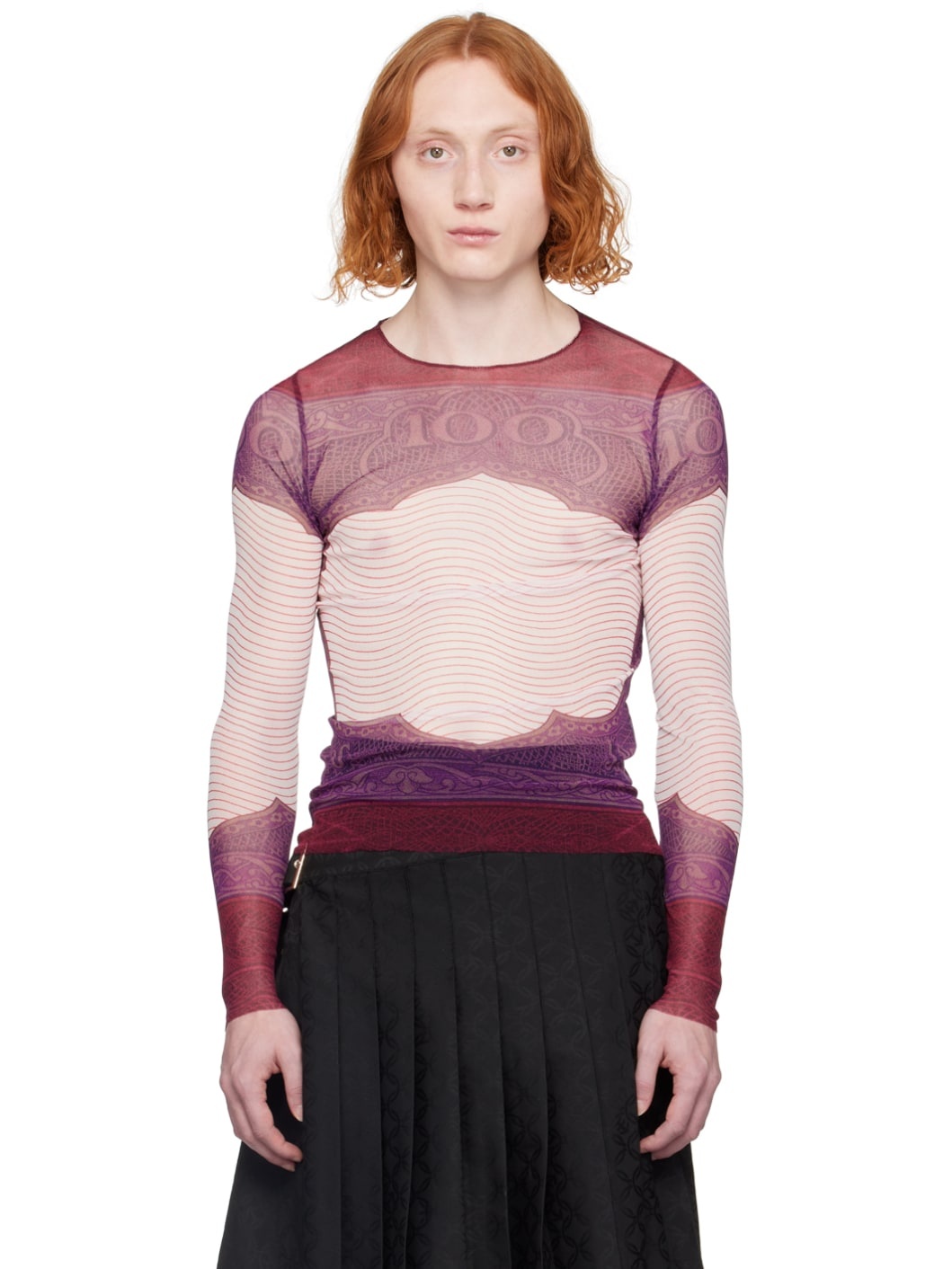 Burgundy Sheer Long Sleeve T-Shirt - 1