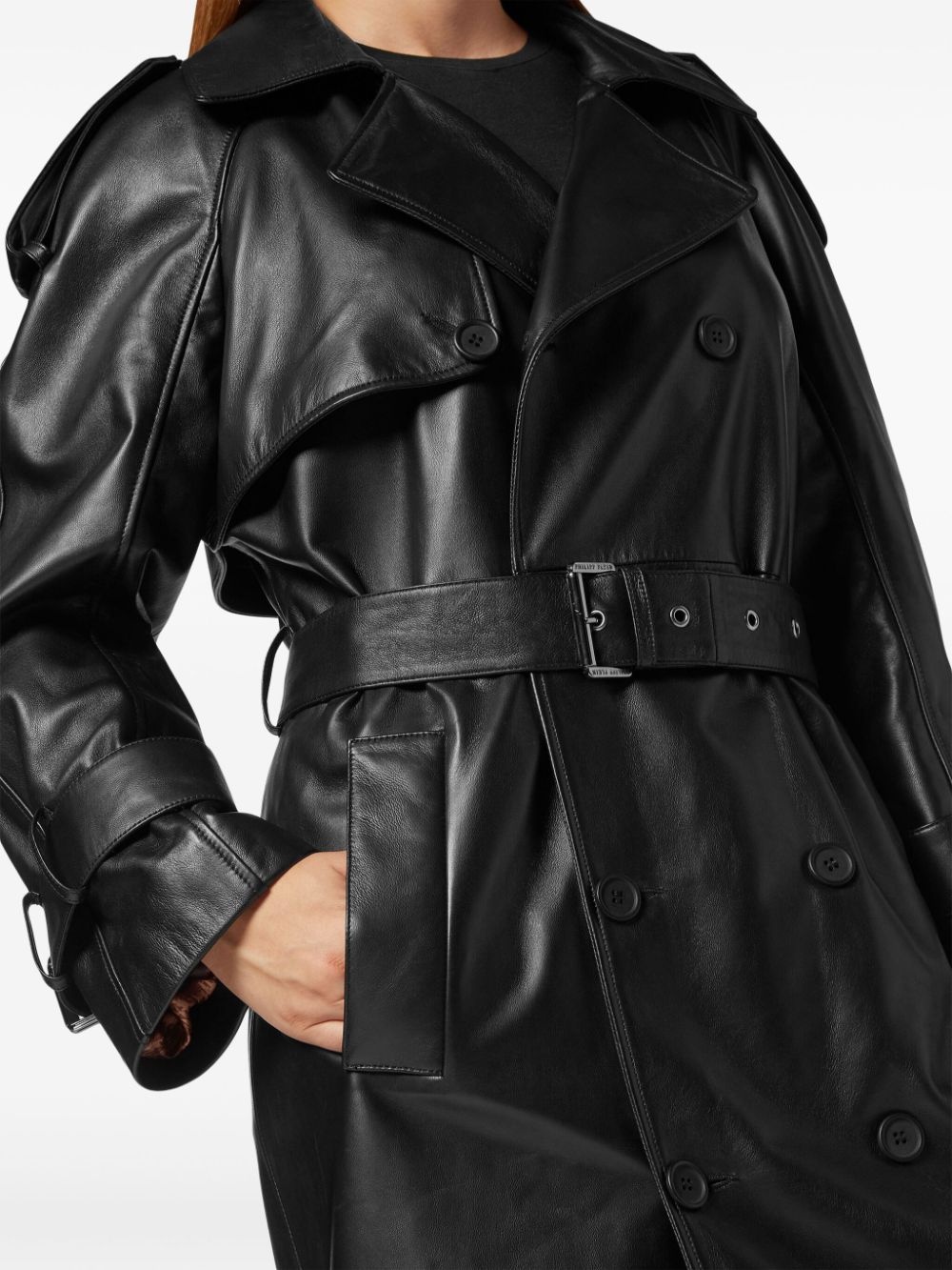 belted leather trench coat - 4