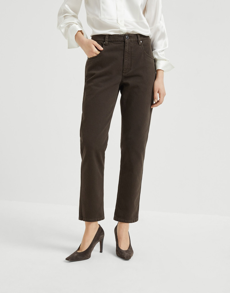 Dyed denim five-pocket straight trousers with shiny bartack 1