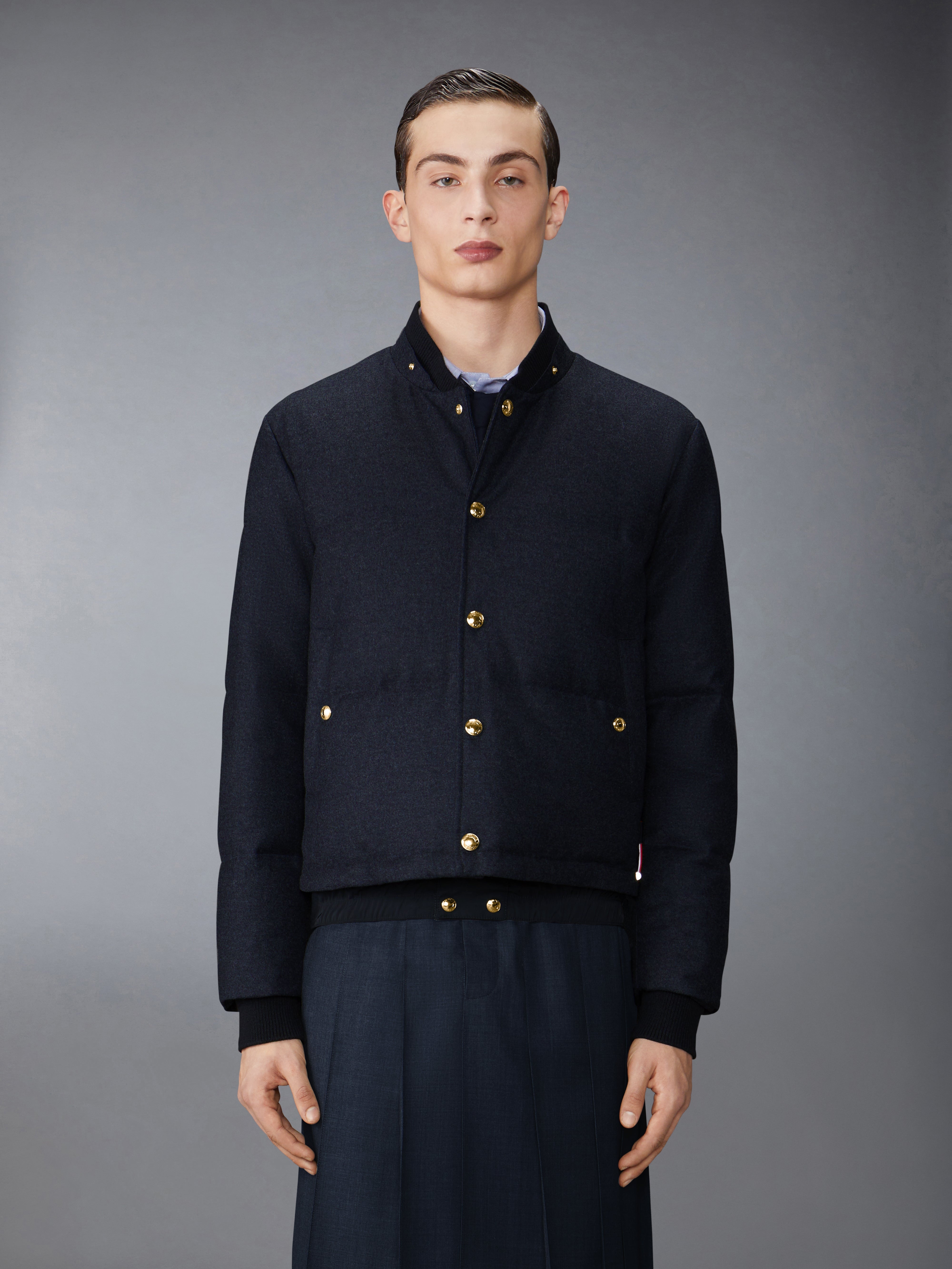 DOWNFILL SNAP FRONT DETACHABLE HOOD BOMBER W/ TONAL GROSGRAIN IN WOOL FLANNEL - 3
