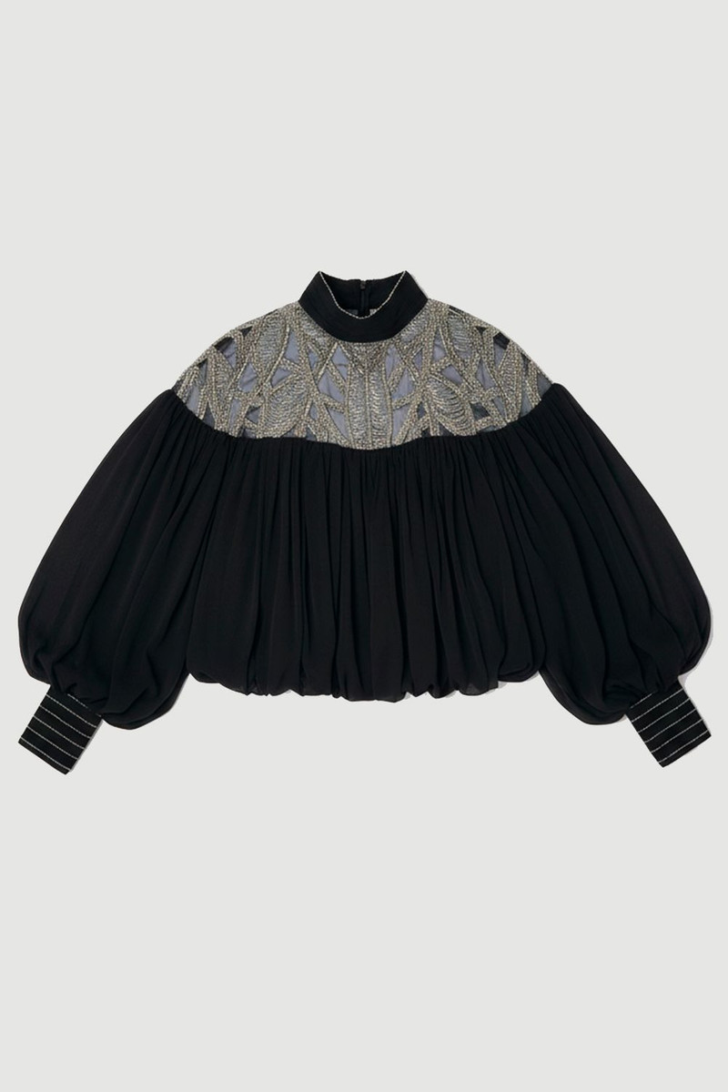 Plus Size Crystal Embellished Cutwork Cape Detail Woven Drama Blouse 4