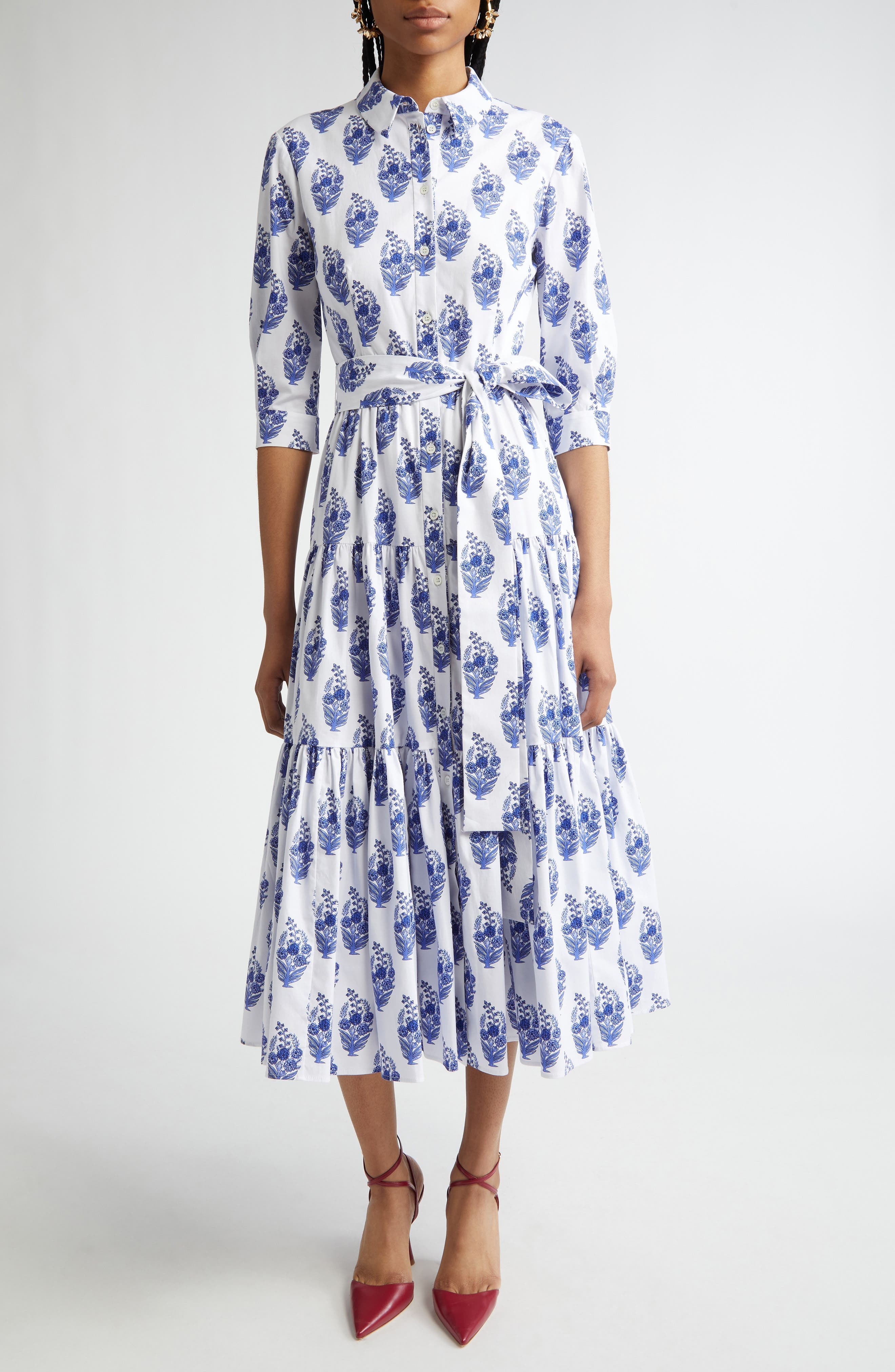 Carolina Herrera Floral Print Tiered Stretch Cotton Shirtdress in White Multi at Nordstrom - 1