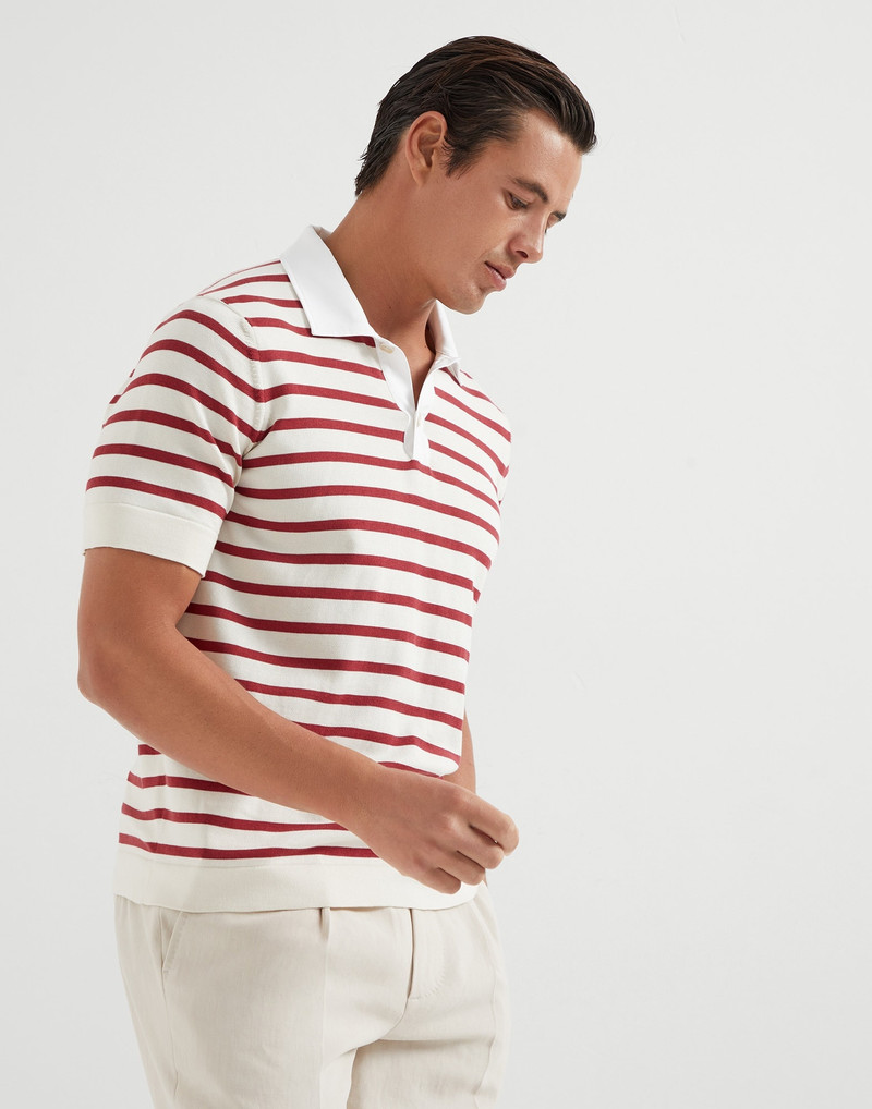 Cotton striped knit polo shirt with twill collar 1