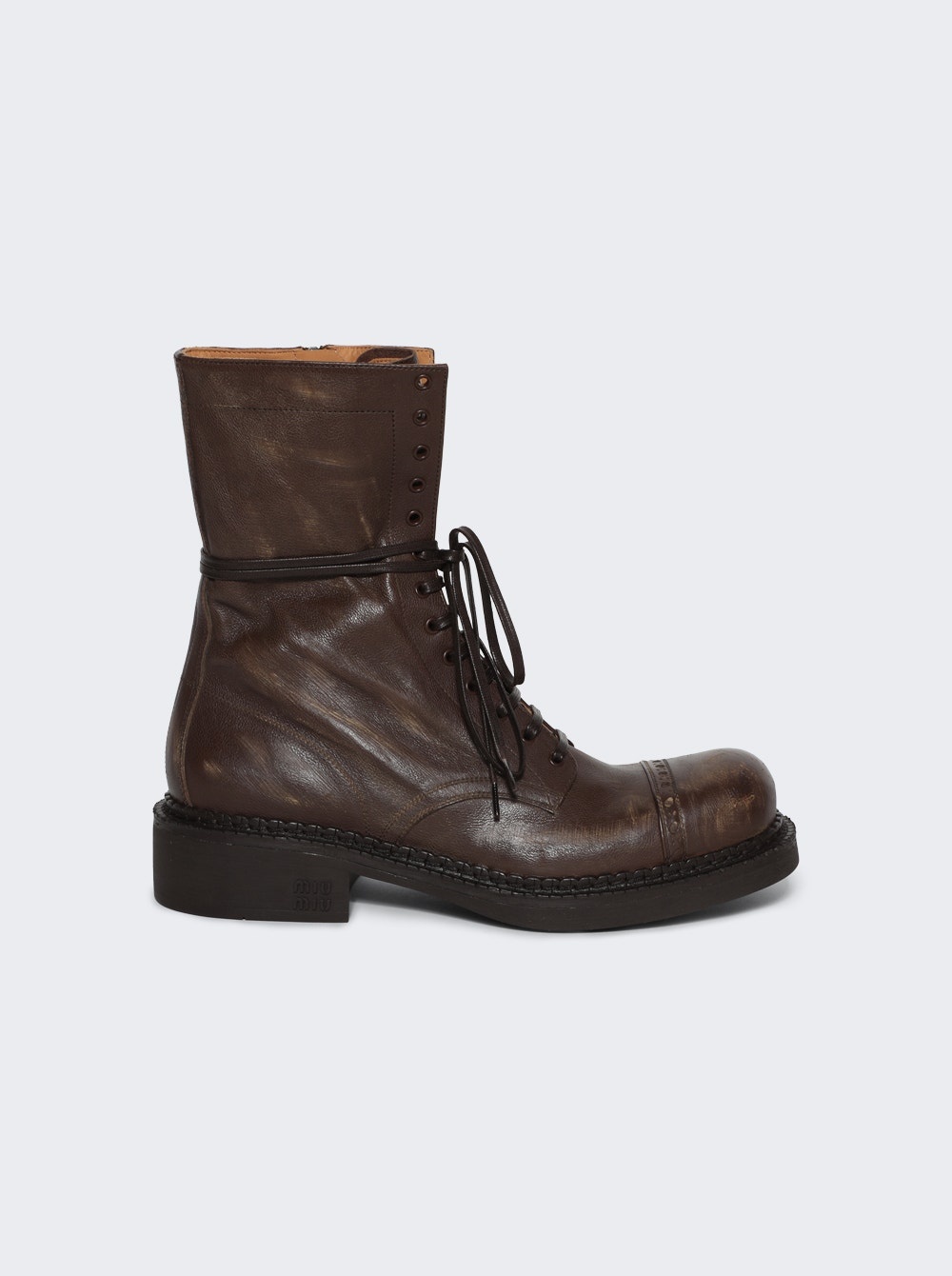 【関税&送料込】Miu Miu Antiqued Leather Combat Boots Miu Miu Leather Laced Boots (35mm) | Brown | FARFETCH