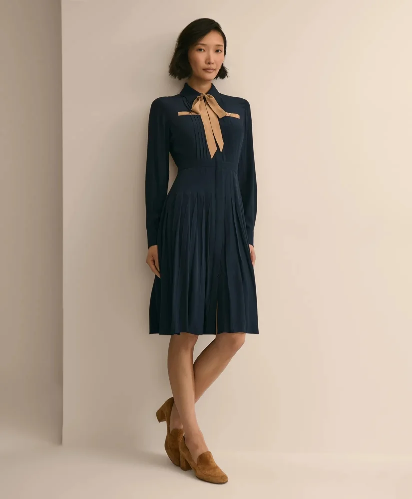 Long-Sleeve Pleated Bow-Tie Dress - 1