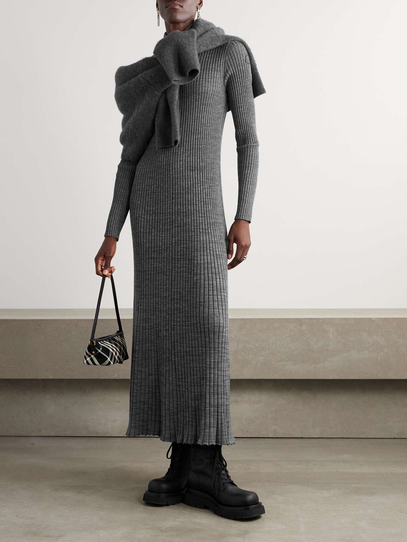 関税込MONCLER WOOL MIDI DRESS Moncler Ribbed Wool Turleneck Midi Dress In Gray | ModeSens