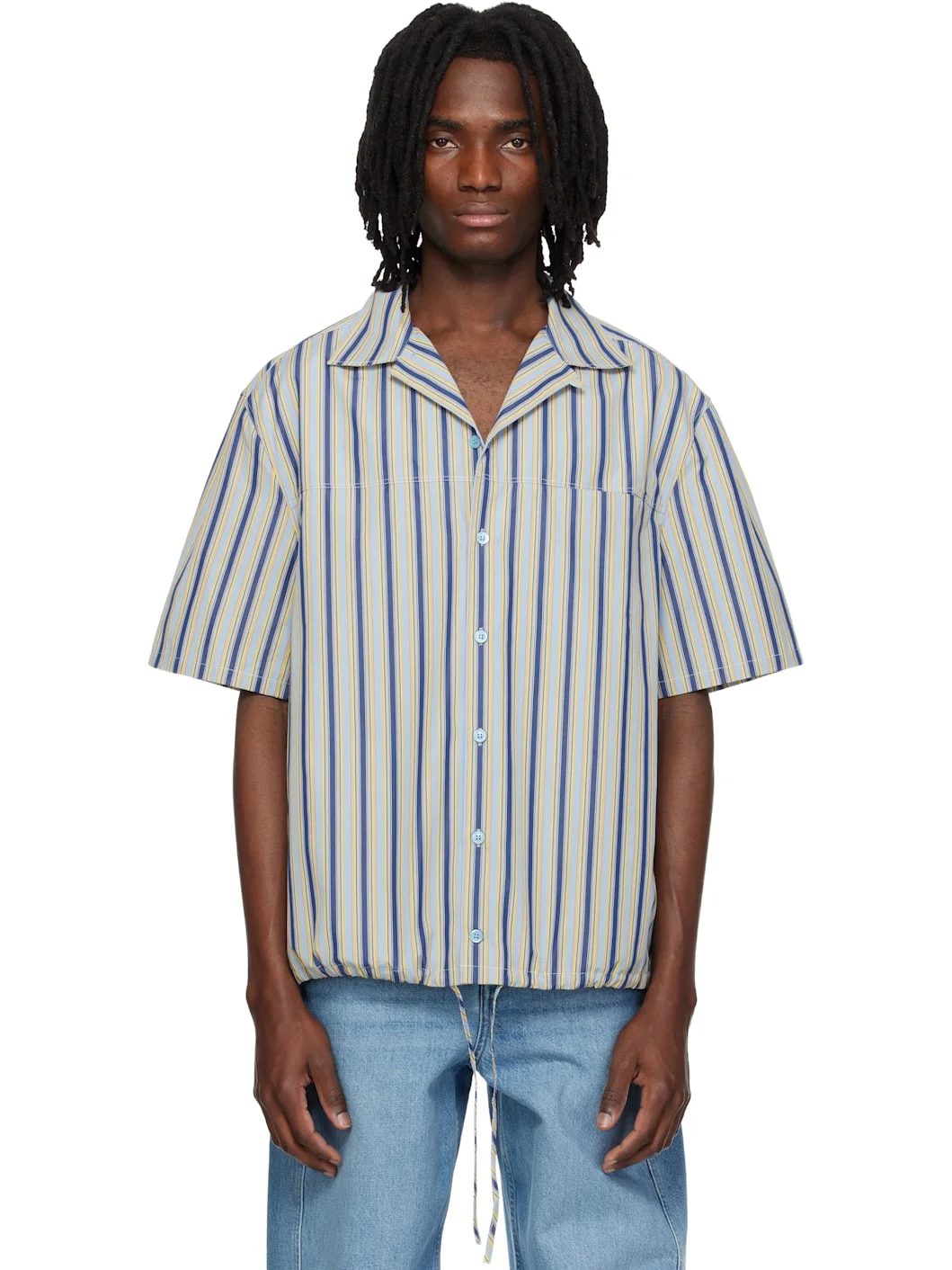 Multicolor Striped Drawstring Hem Cotton Shirt - 1