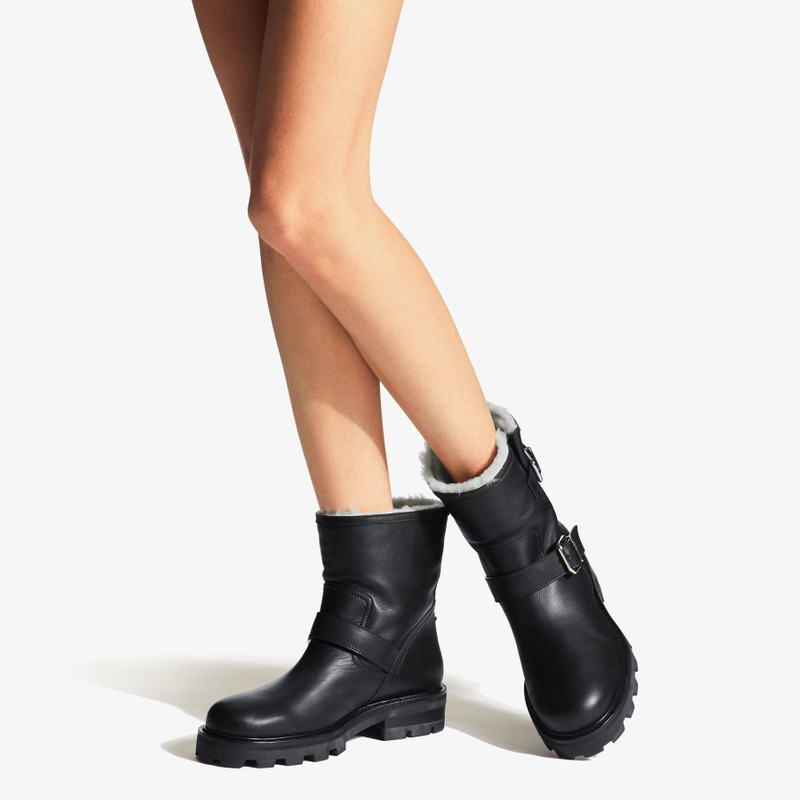 JIMMY CHOO Youth II
Black Smooth Leather Biker Boots with Gold Buckles and Shearling Lining outlook