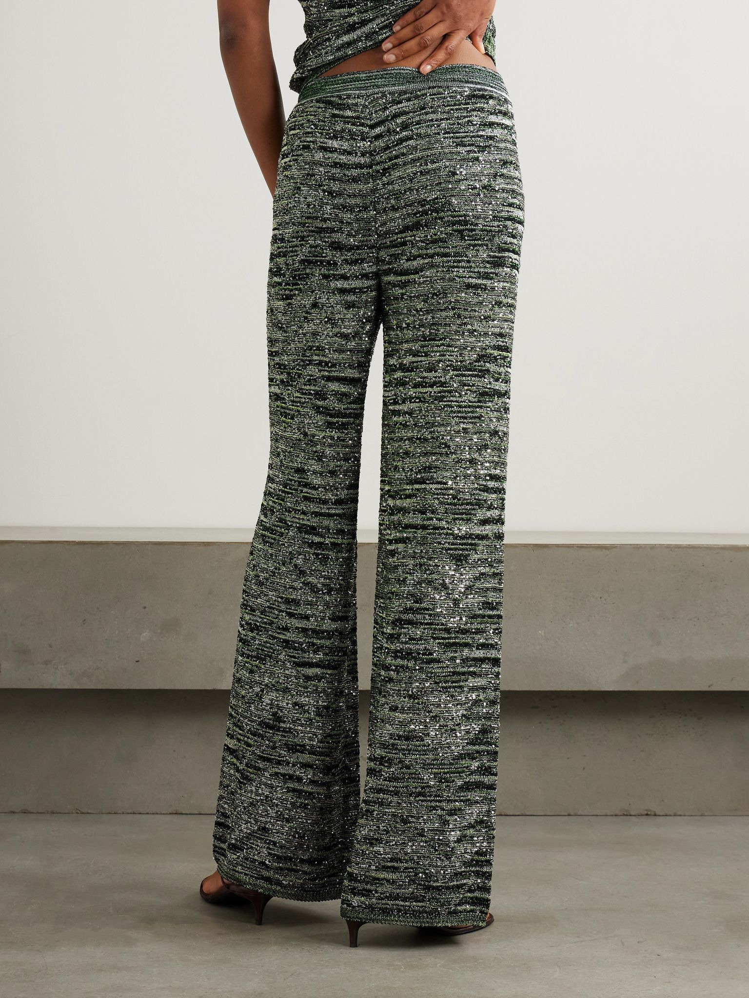 Mare sequin-embellished metallic crochet-knit wide-leg pants Green - 3