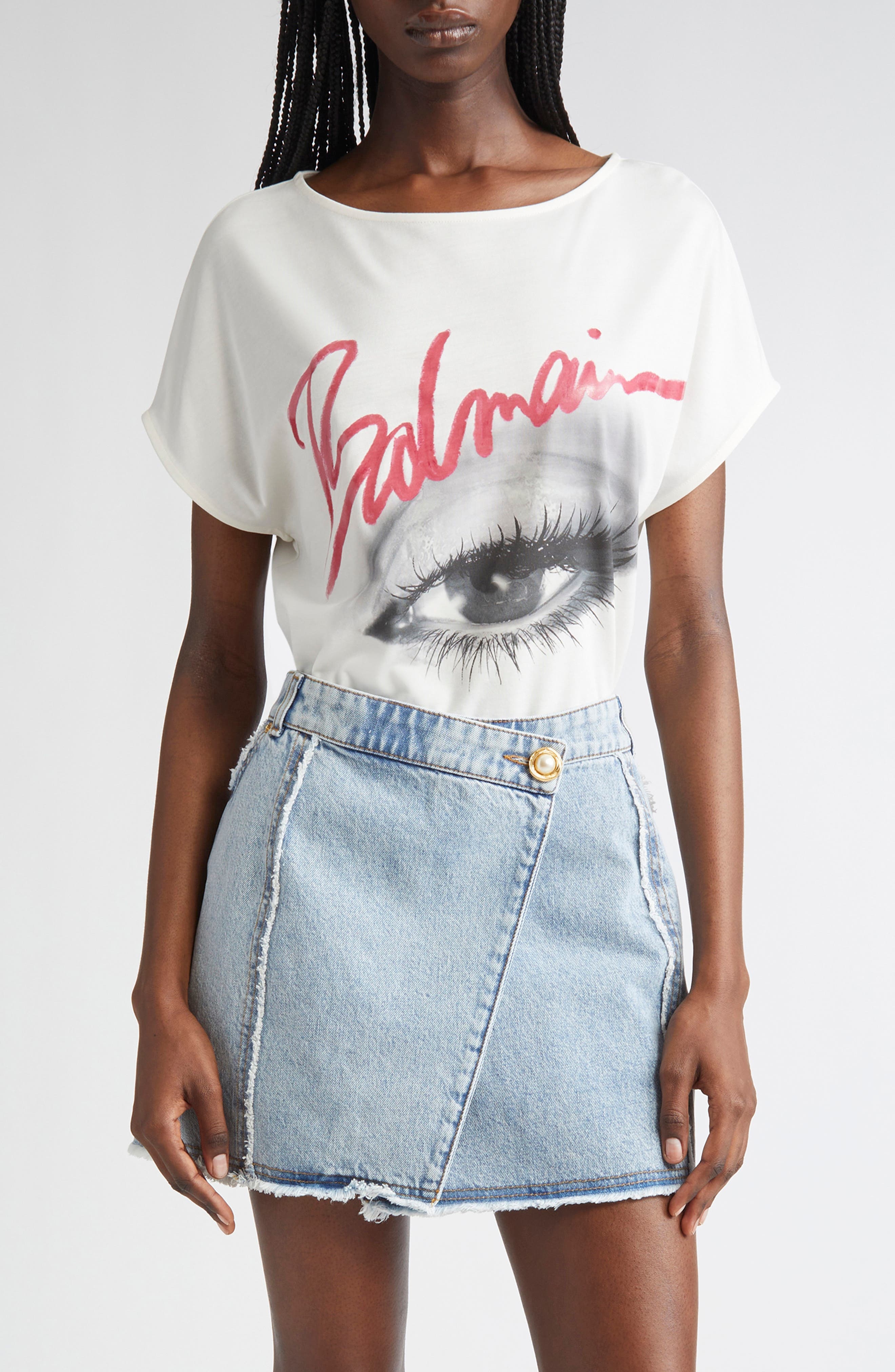 Balmain Eye Boat Neck Graphic T-Shirt in White Multi at Nordstrom - 1