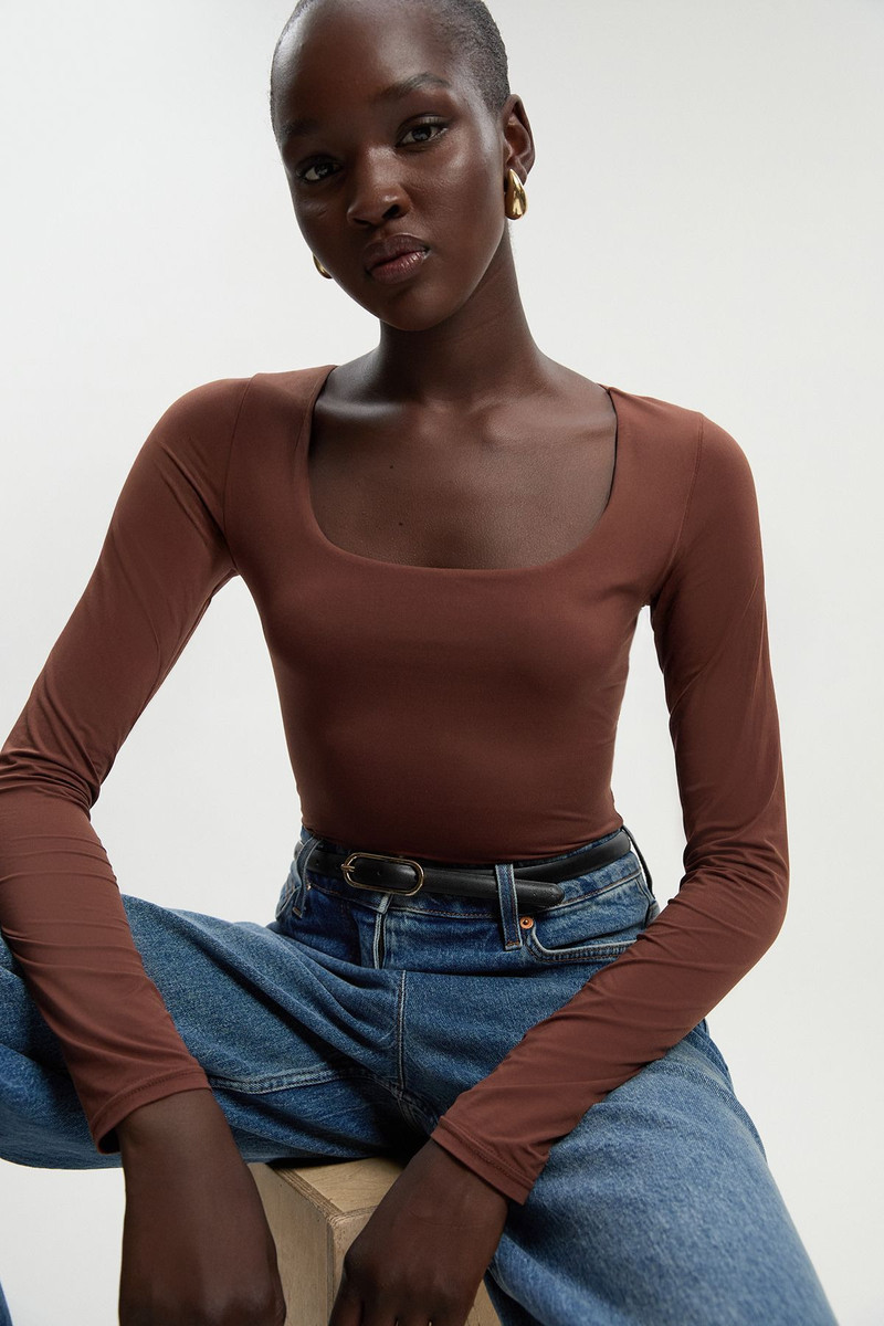 Scoop Neck Long Sleeve Contour Jersey Bodysuit 1