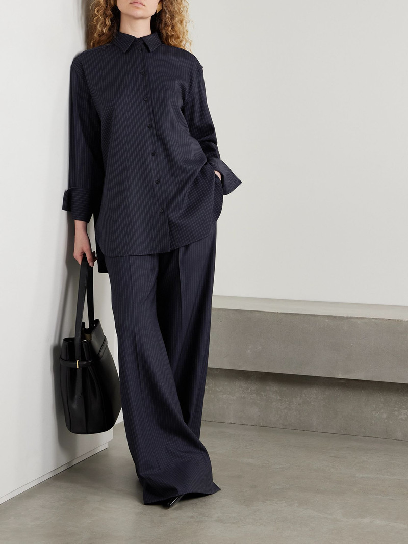 Another Tomorrow Pinstriped wool-blend shirt Navy outlook