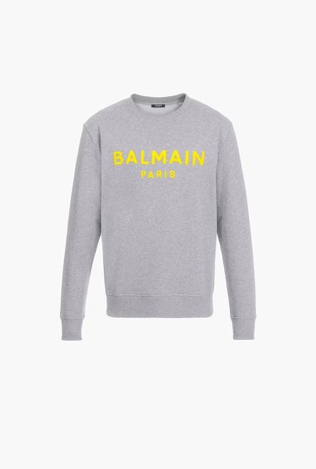 Gray cotton sweatshirt with yellow velvet Balmain logo - 1