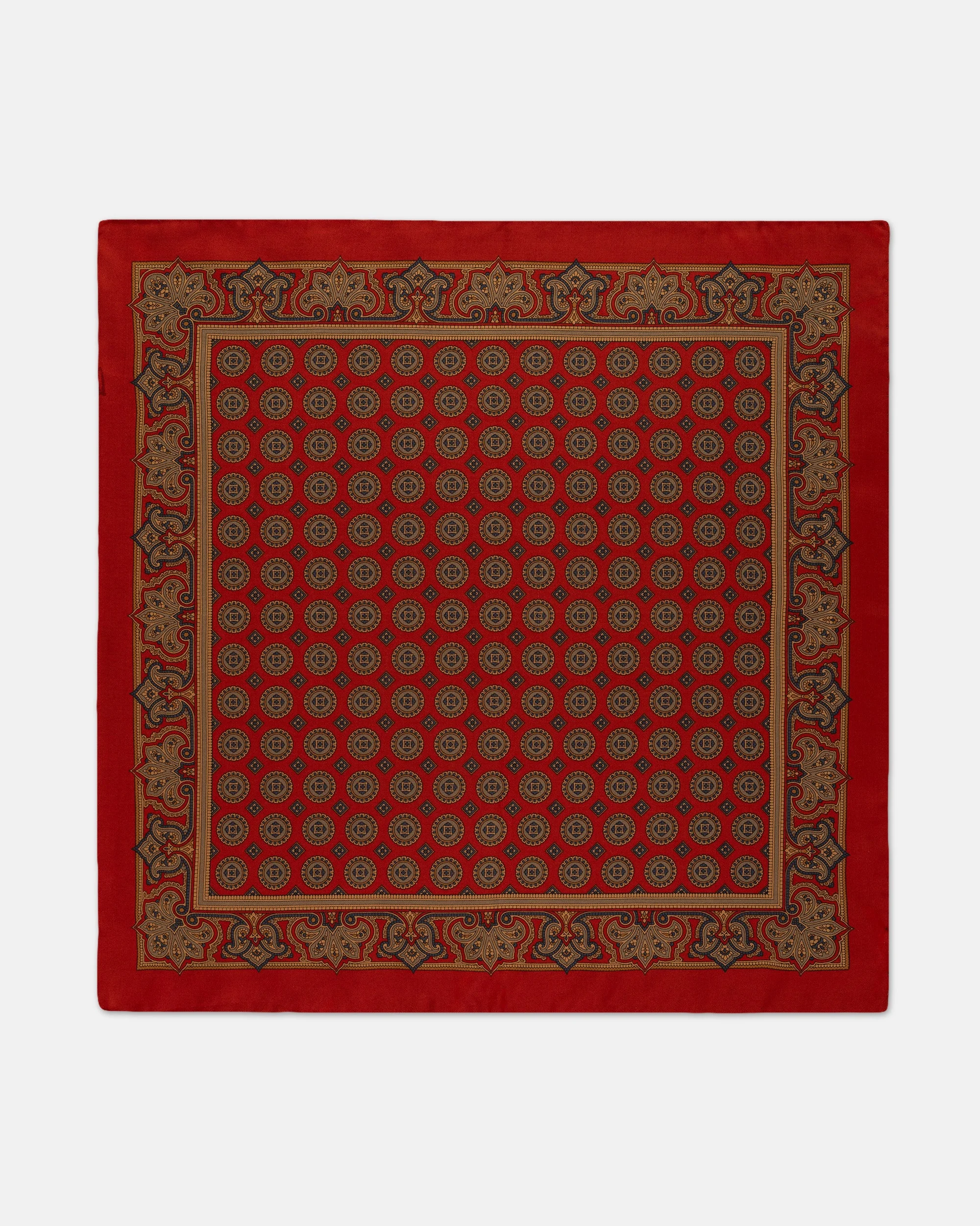 MADE-IN-USA RED MEDALLION SILK POCKET SQUARE - 1