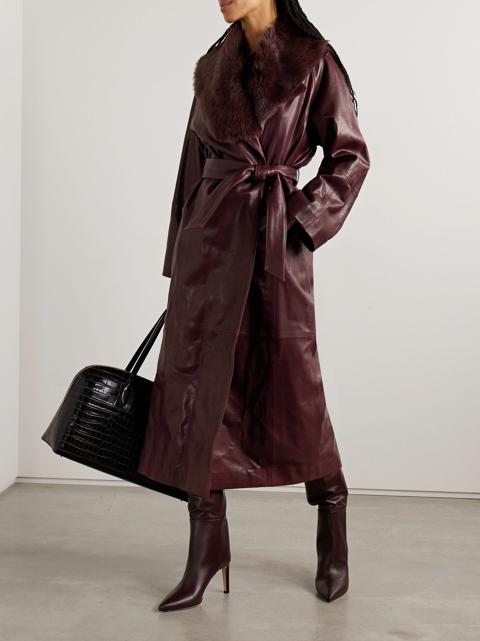 Briona belted shearling-trimmed leather coat Plum - 2