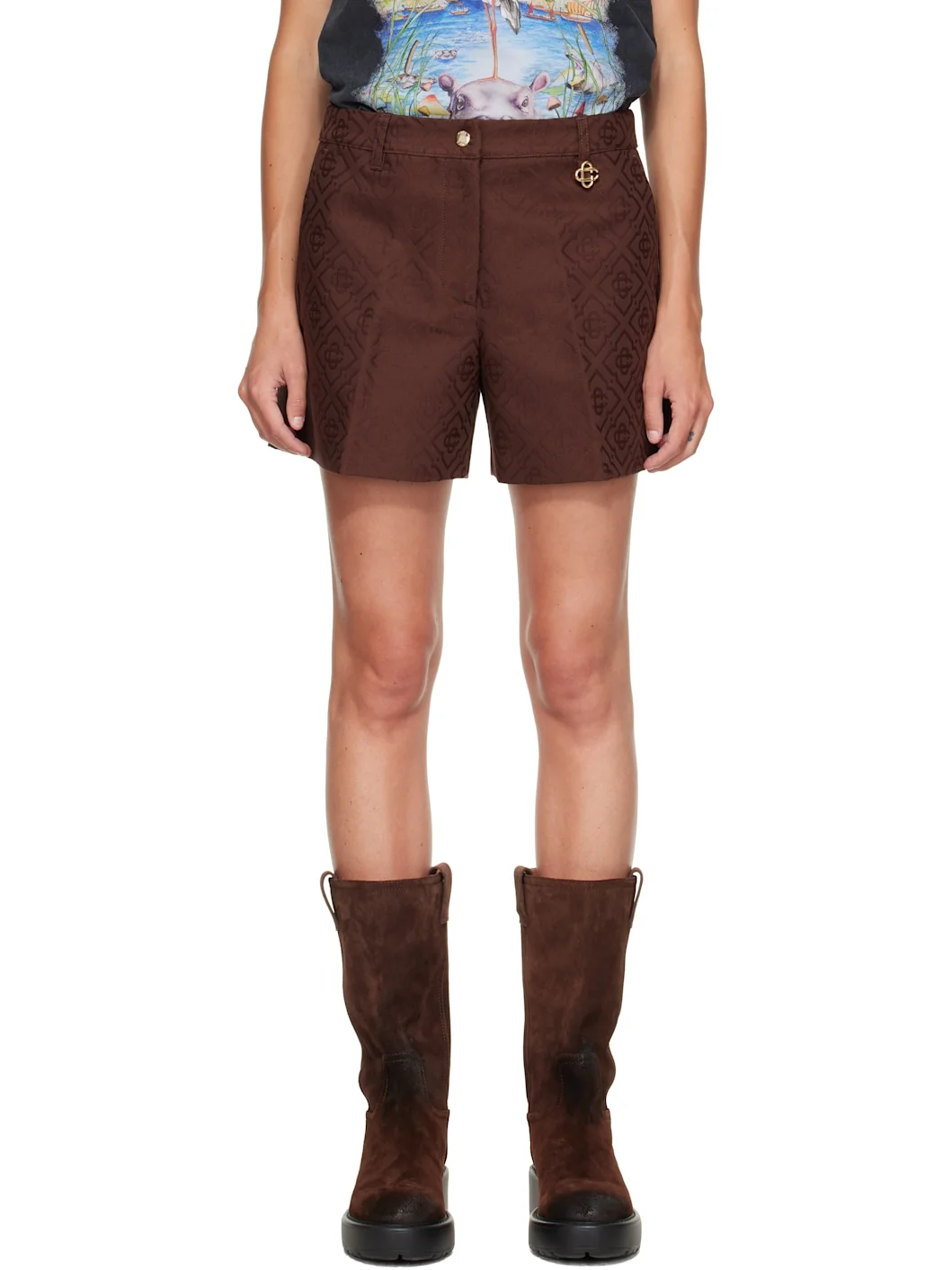Brown Cotton Monogram Shorts - 1