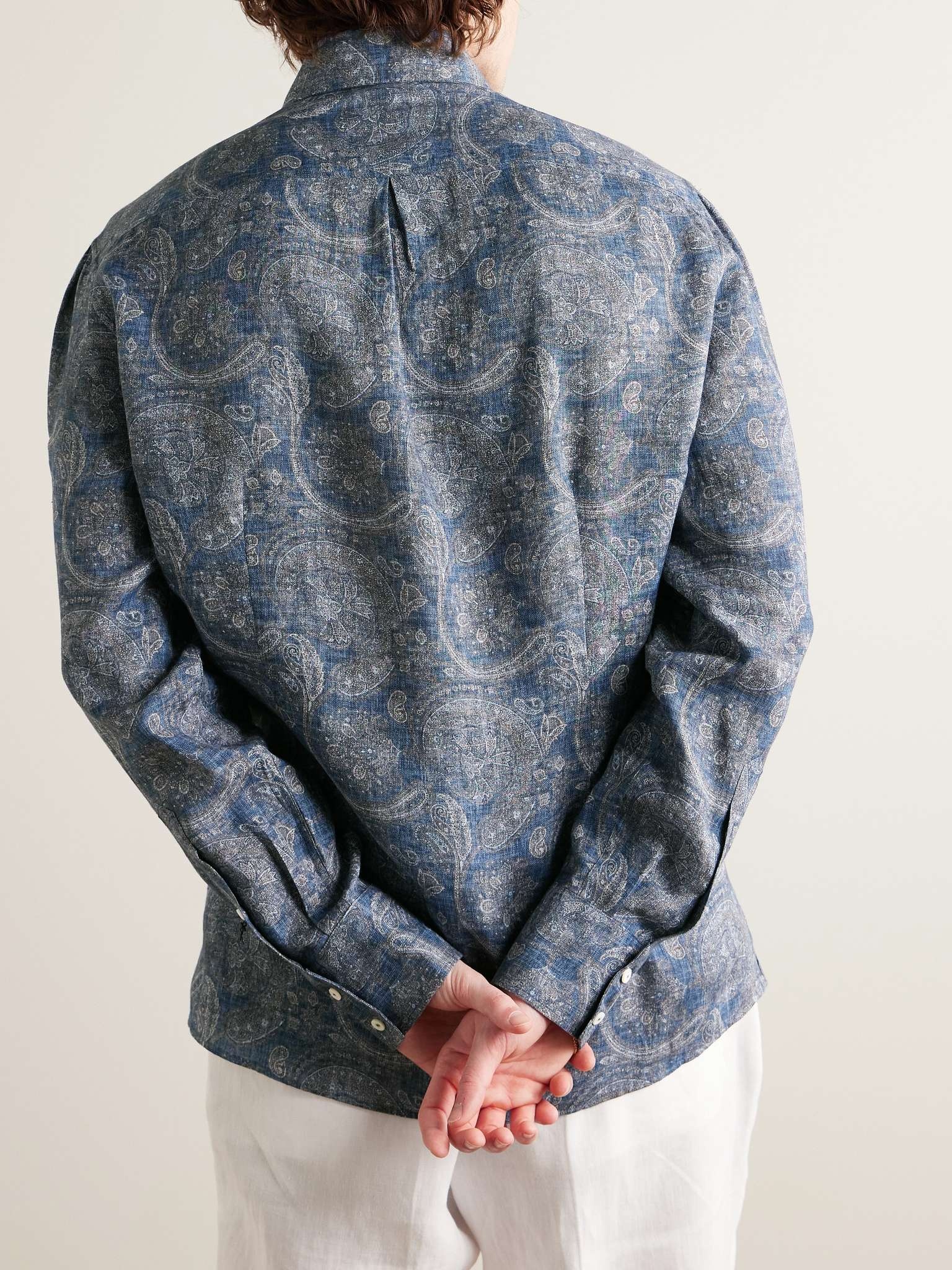 Button-Down Collar Paisley-Print Linen-Chambray Shirt - 3