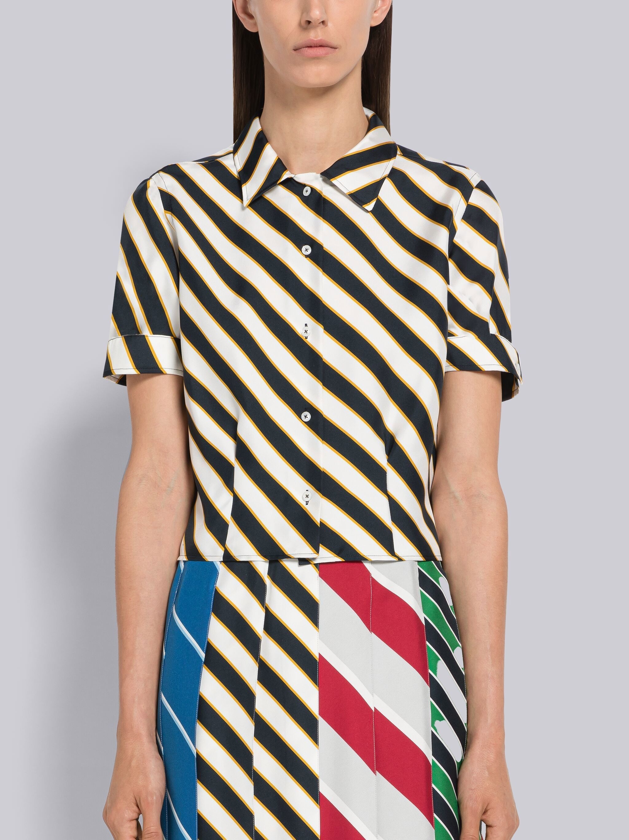 Awning Stripe Silk Twill Short Sleeve Tucked Blouse - 1