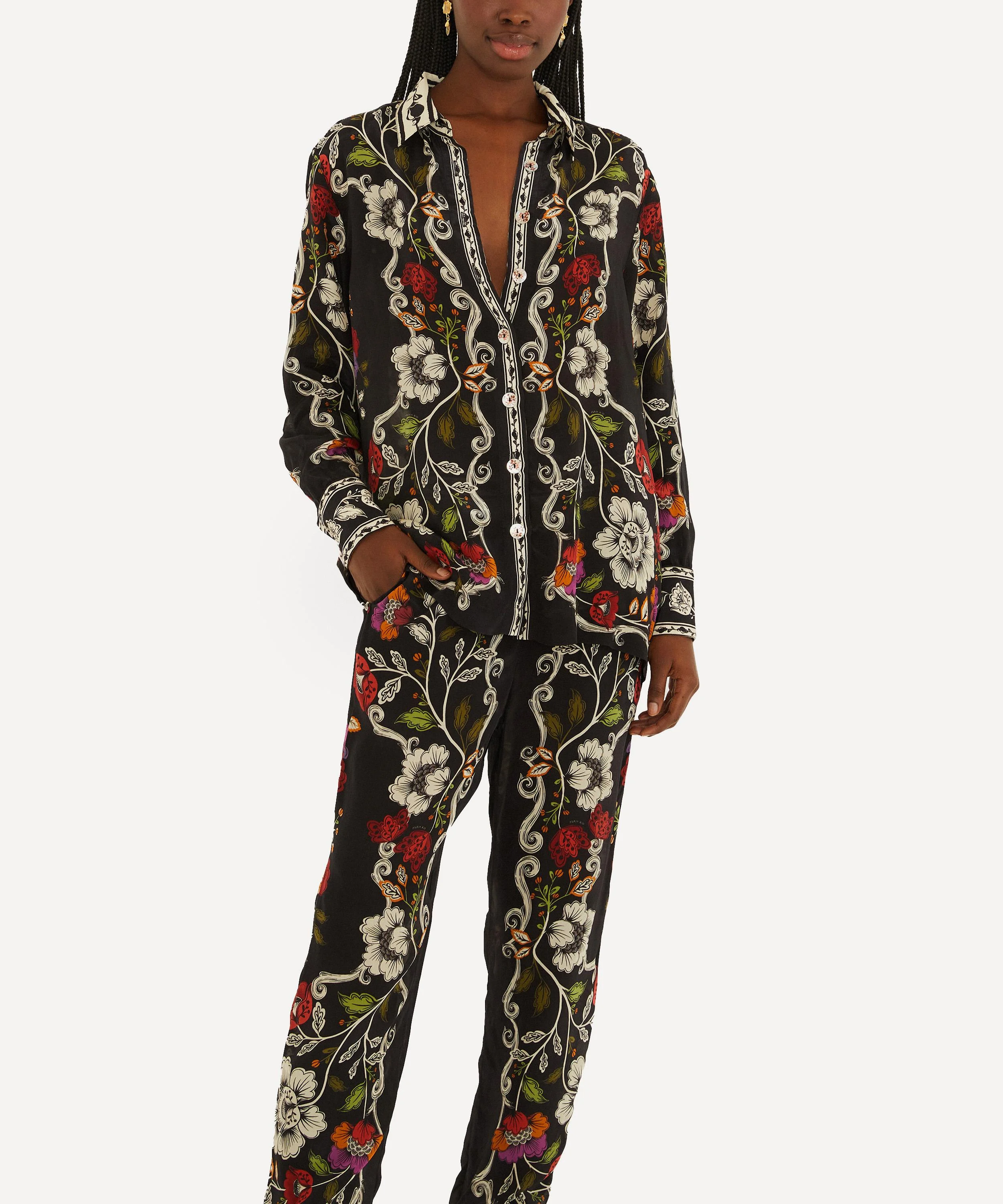 Black Rococo Flowers Trousers - 1