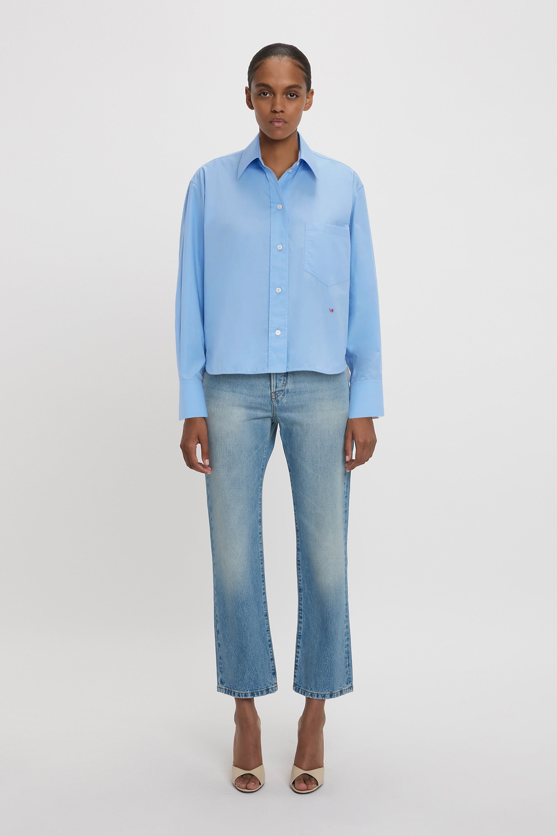 Cropped Long Sleeve Shirt In Oxford Blue - 2