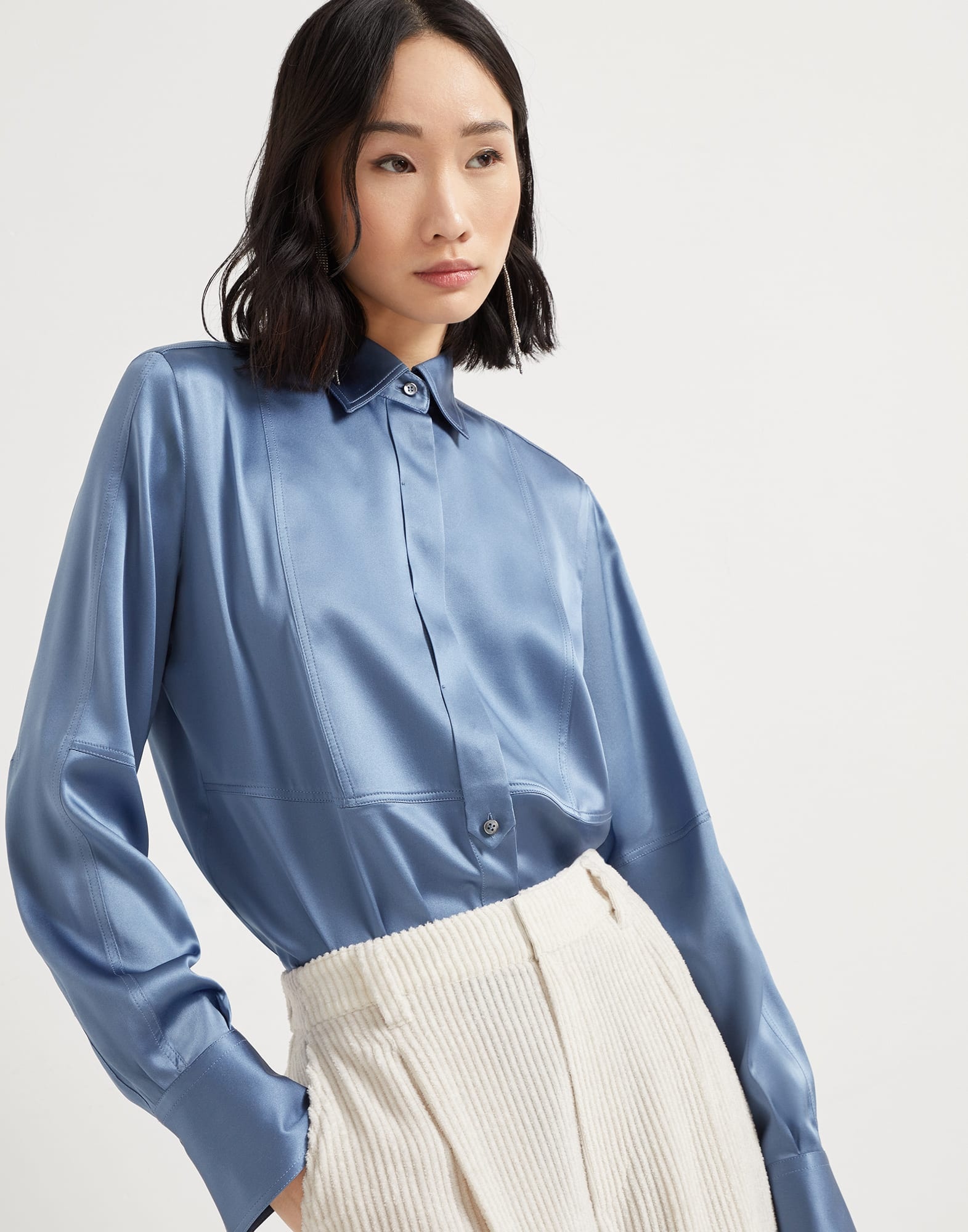 Stretch silk satin shirt with monili - 4
