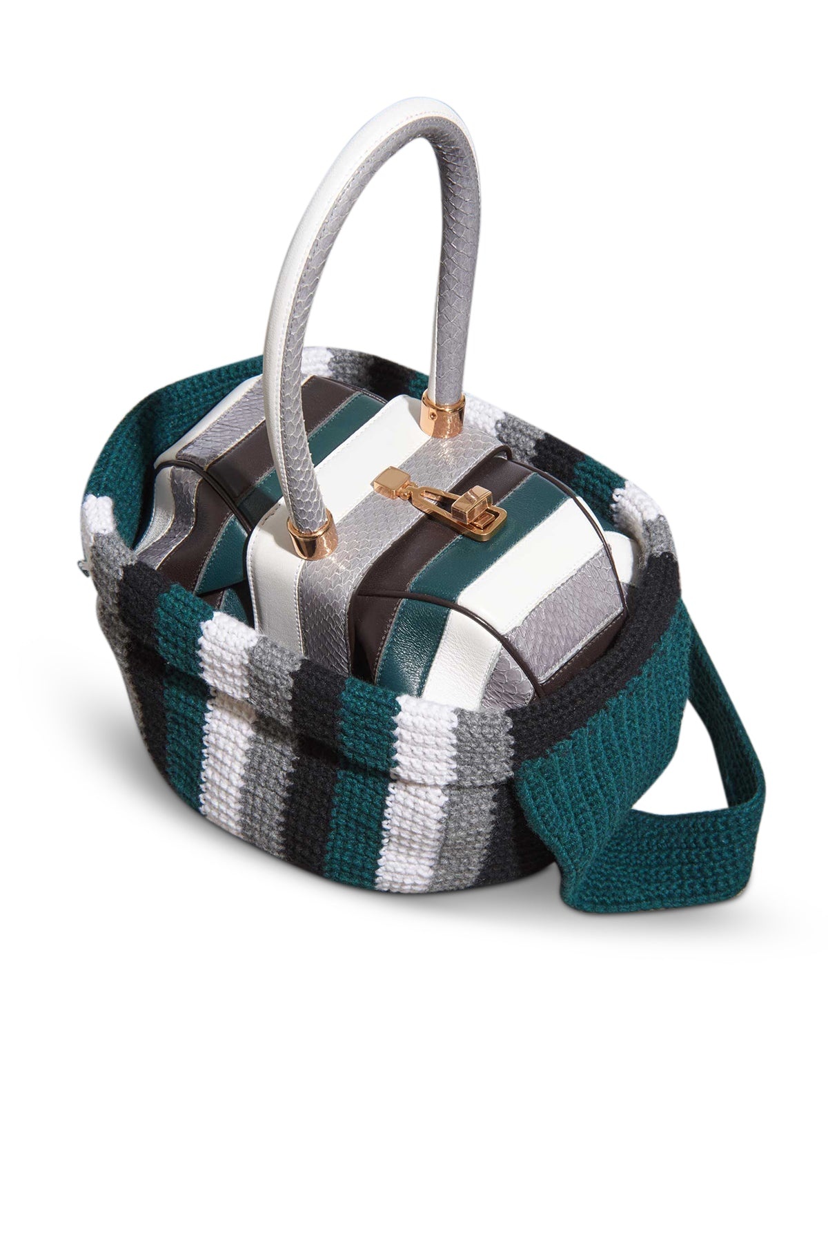 Crossover Knit Bag in Green, Ivory & Grey Cashmere - 3