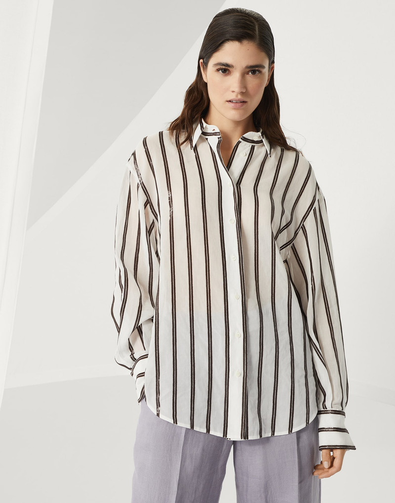 Cotton organza shirt with dazzling stripe embroidery 1