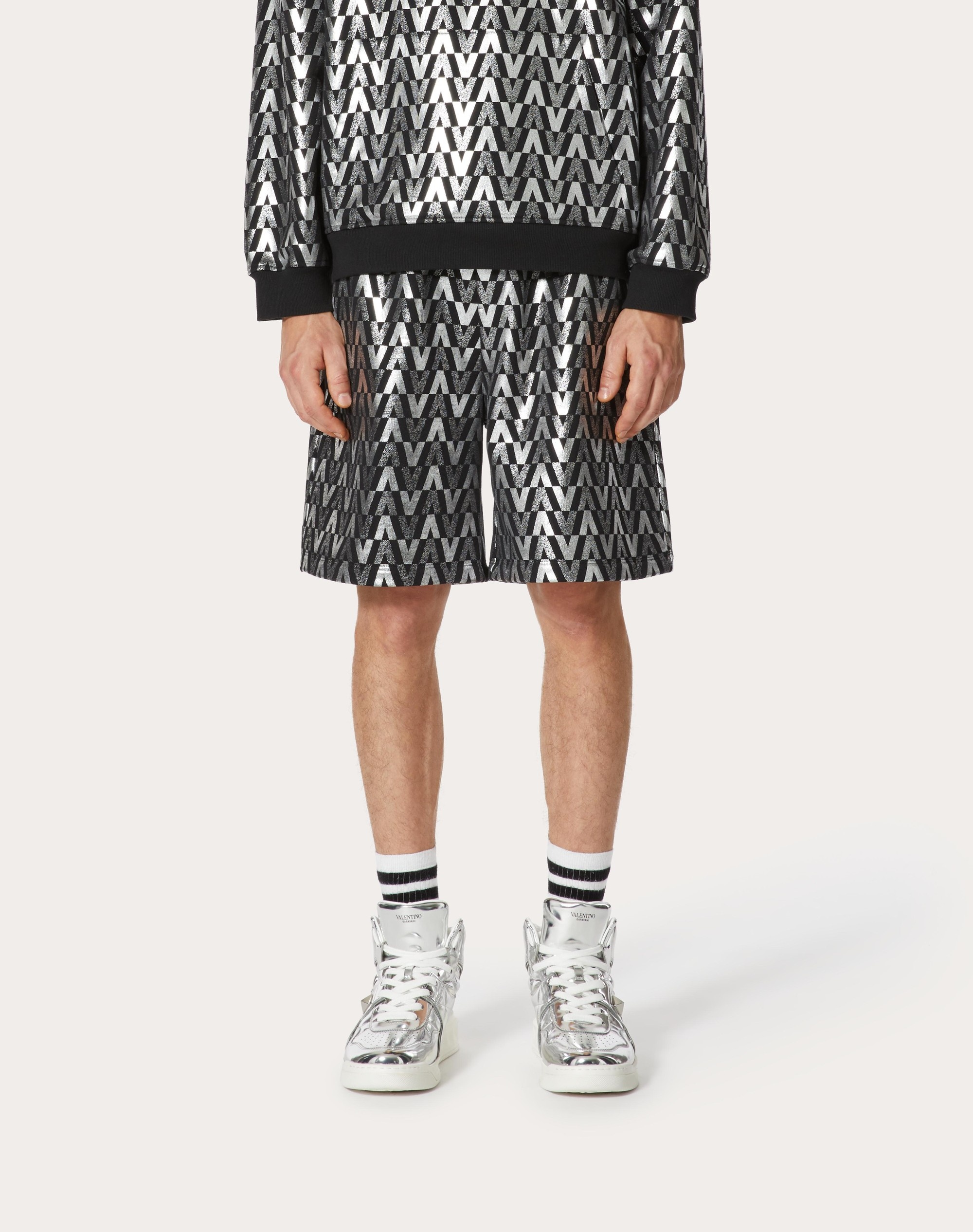 COTTON BERMUDA SHORTS WITH SILVER OPTICAL VALENTINO PRINT - 3