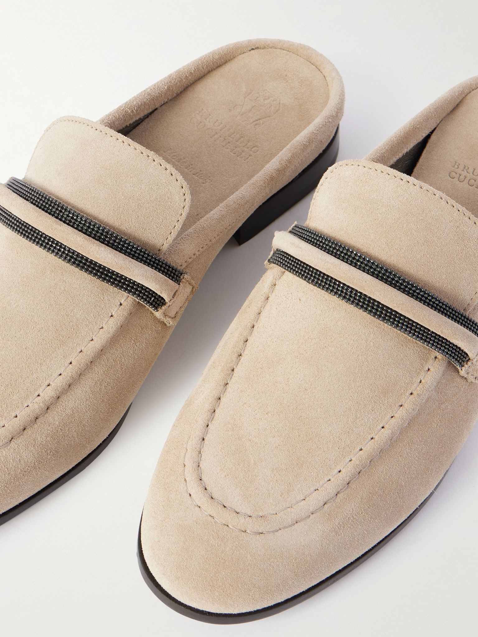 Bead-embellished suede slippers Camel - 4