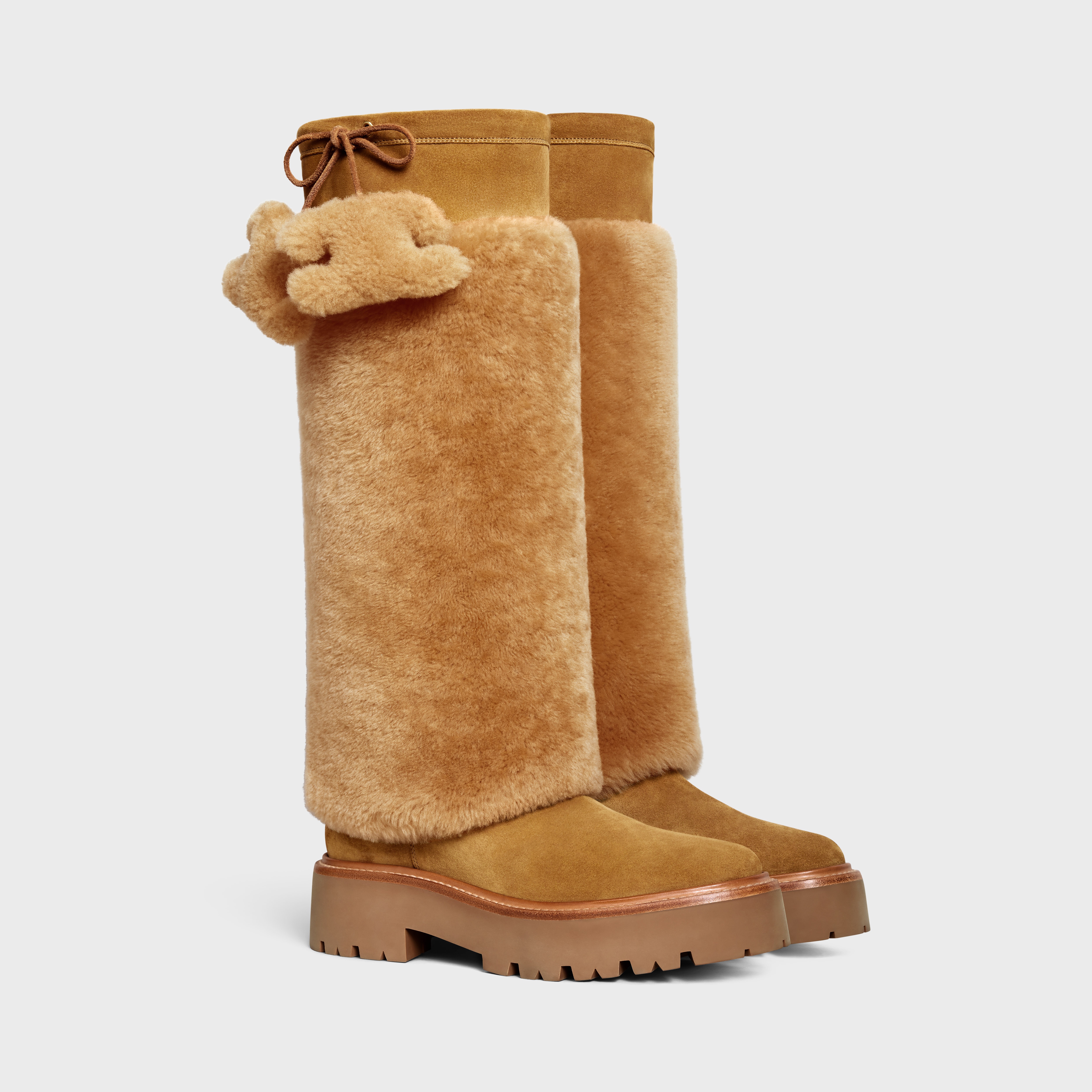 CELINE BULKY HIGH BOOT WITH TRIOMPHE TASSELS in SHEARLING AND SUEDE CALFSKIN - 2