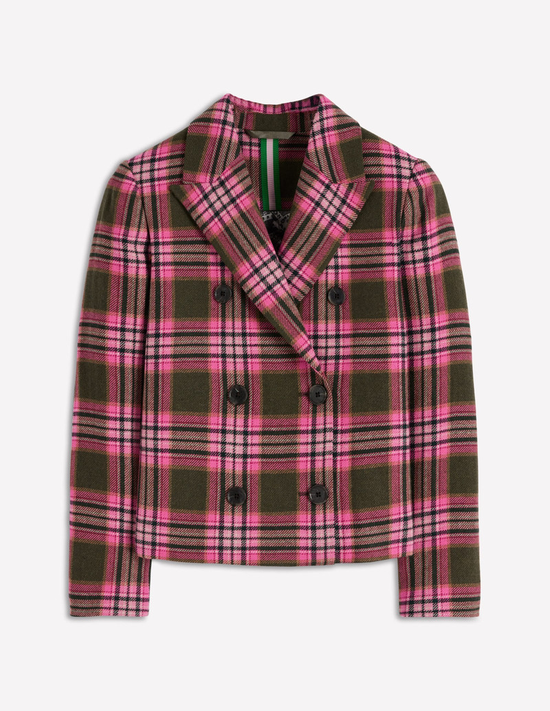 Boxy Double Breasted Blazer-Olive Green and Pink Check 1