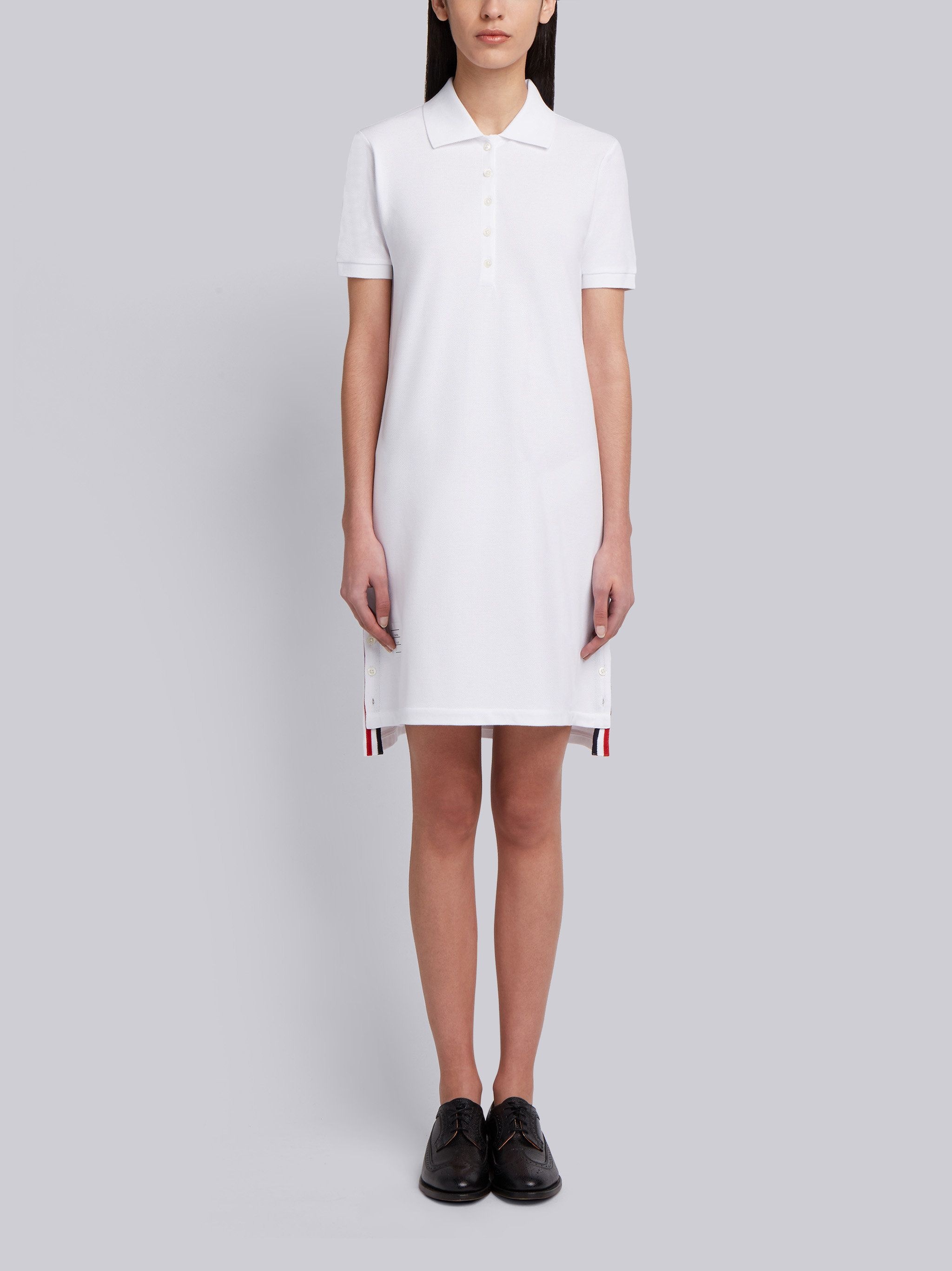 White Classic Cotton Pique Center Back Stripe A-line Short Sleeve Polo Shirtdress - 4