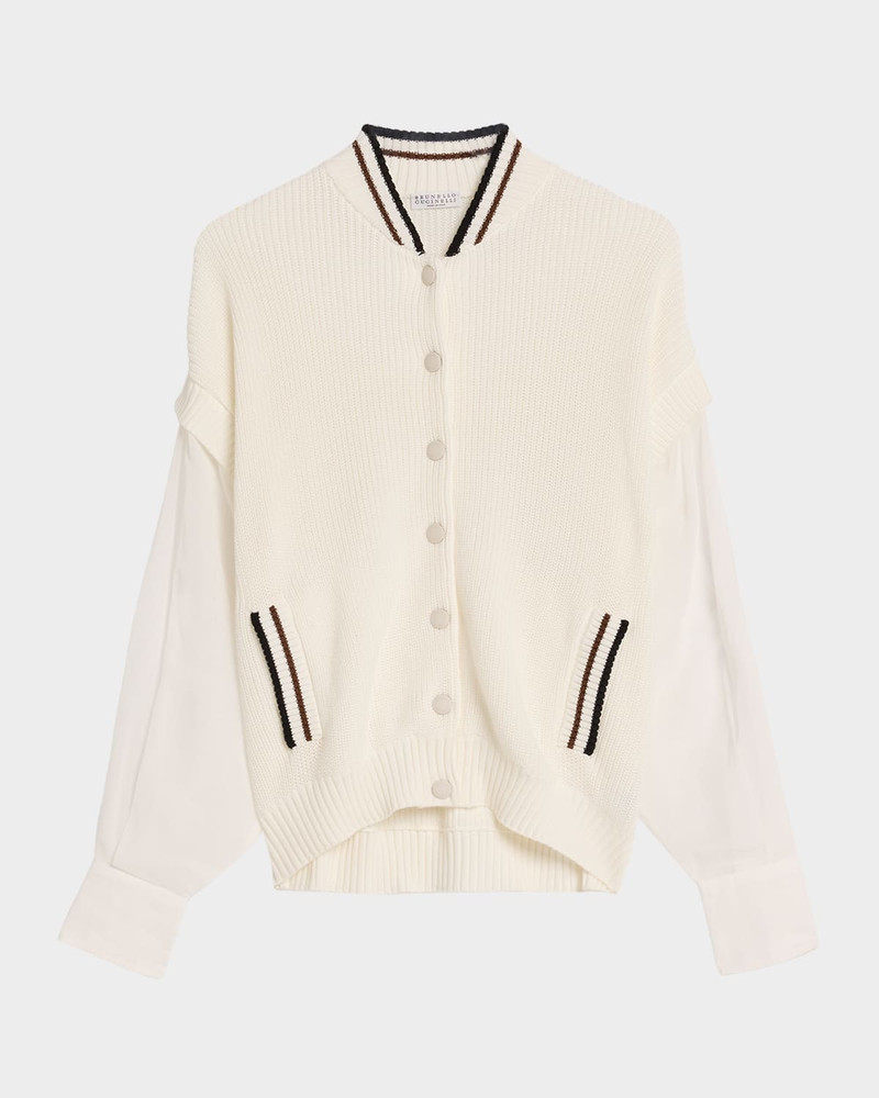 Organza-Sleeves English Rib Varsity Cardigan 1
